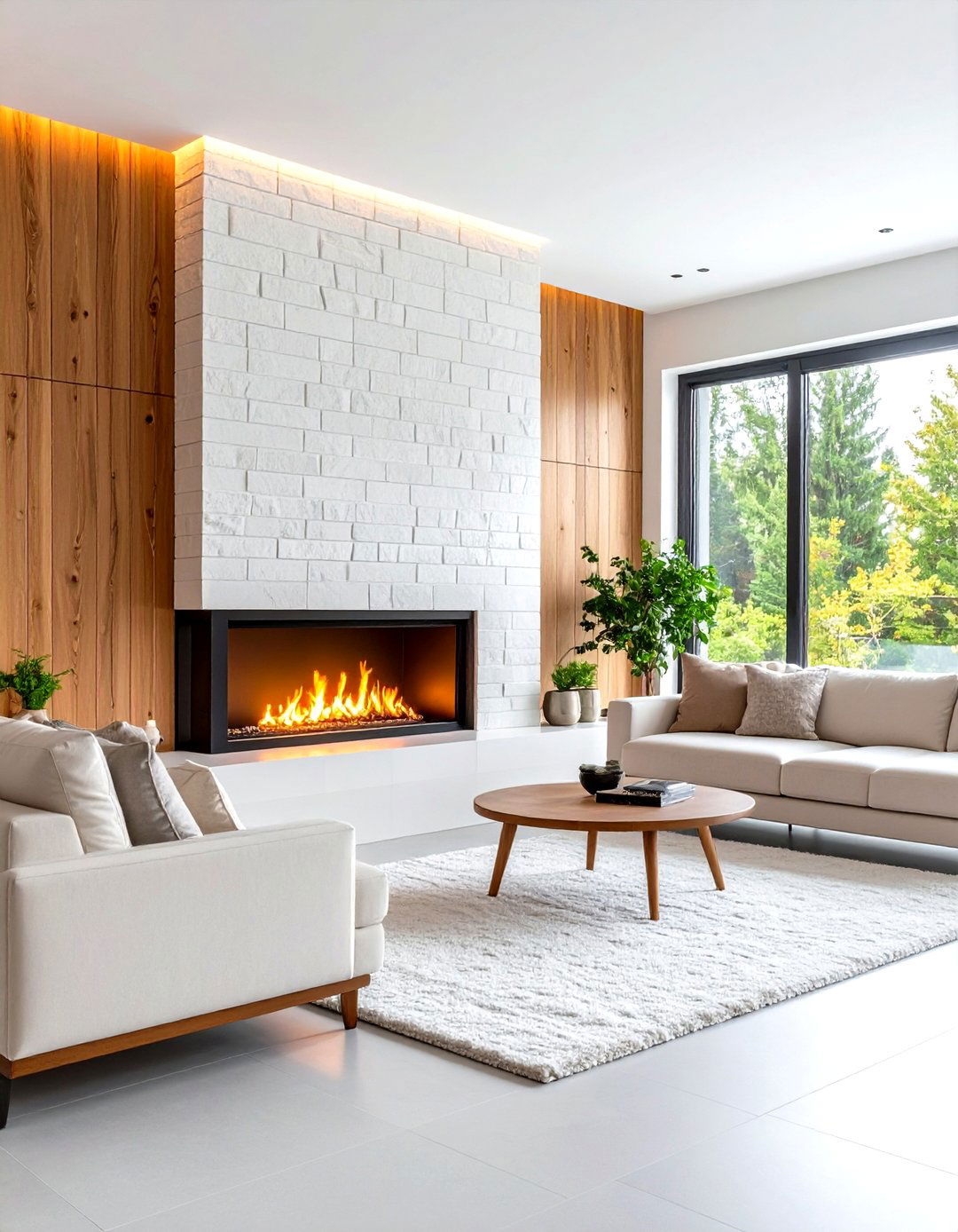 Mixed Material Accent Wall with Recessed Electric Fireplace - 20 Electric Fireplace Ideas