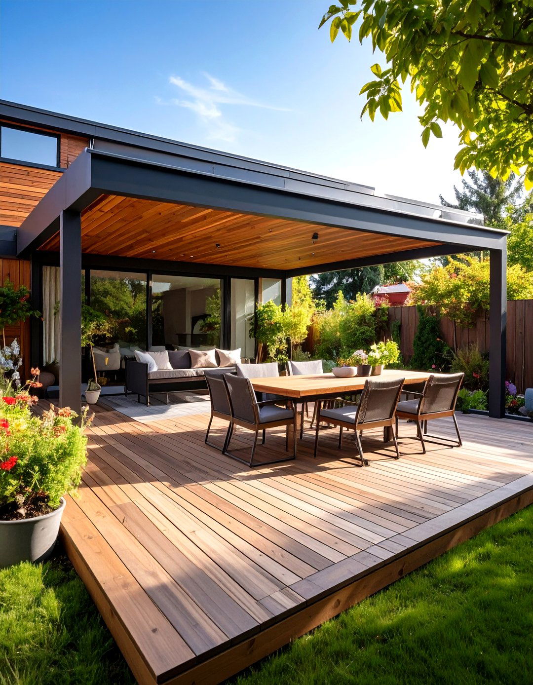 Mixed Material Covered Patio Combining Wood and Steel - 20 Covered Patio Ideas