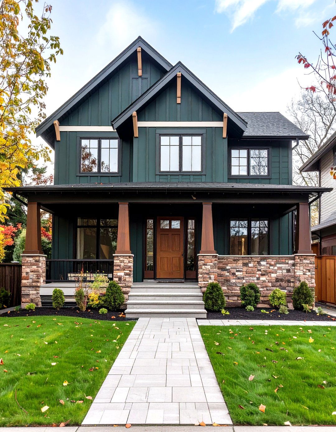 Mixed Material Dark Green Exterior with Batten and Brick - 20 Dark Green Exterior Ideas