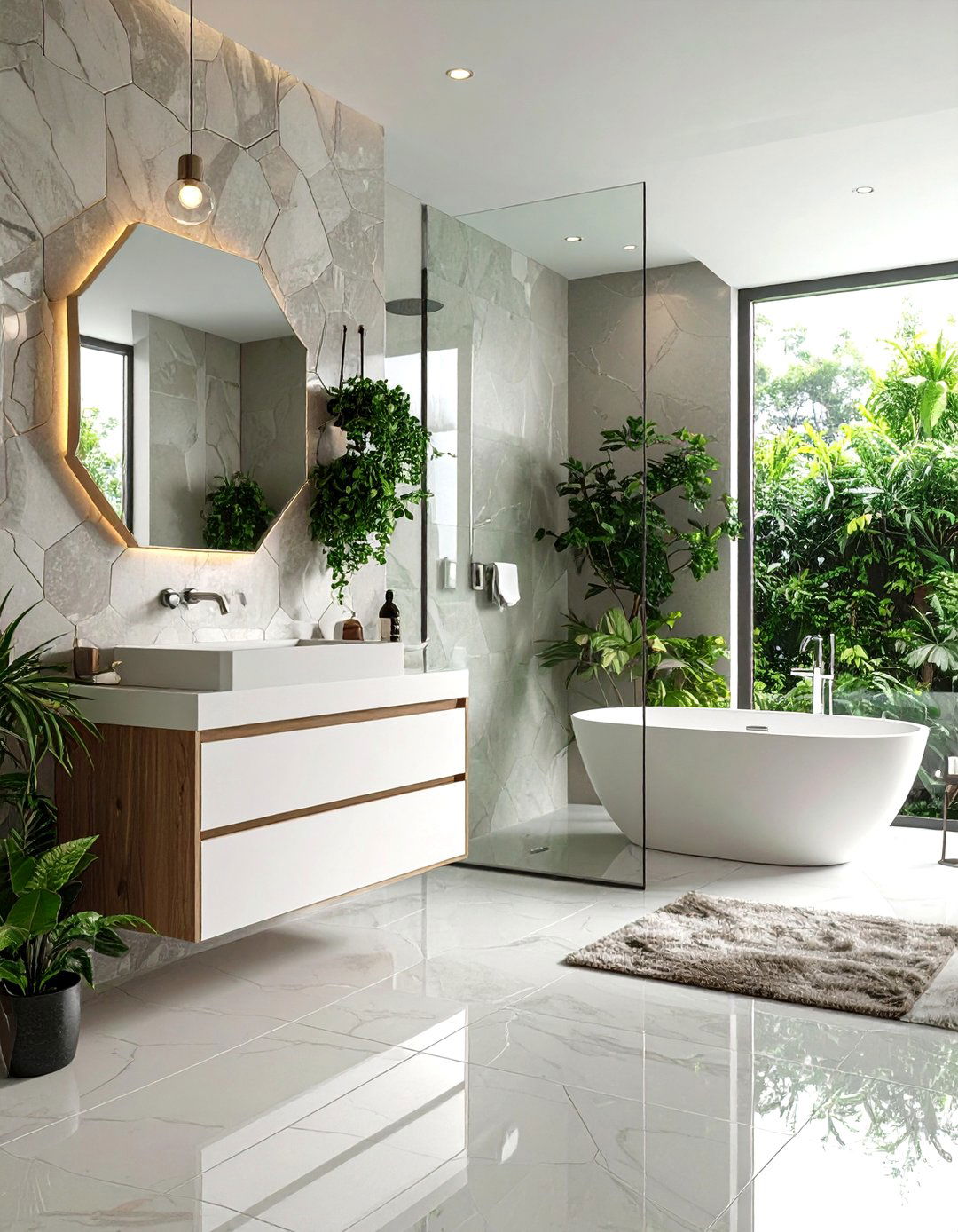 Mixed Material Hexagon Tiles for Textural Contrast - 20 Hexagon Tiles Ideas for Bathrooms