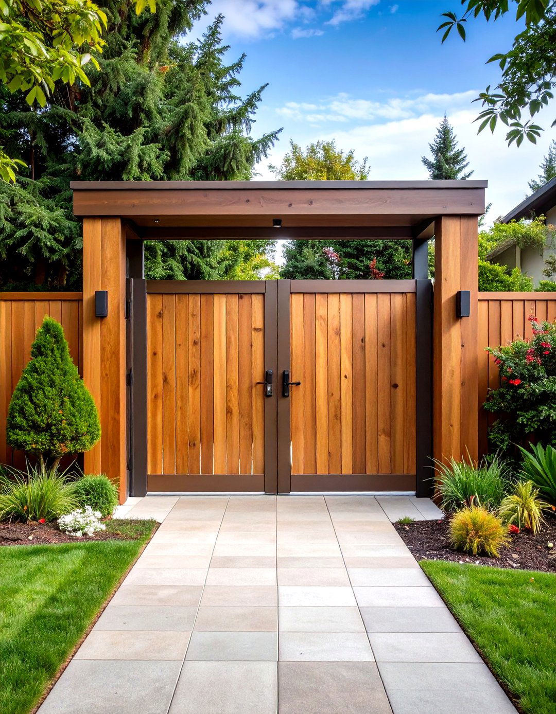 Mixed Material Metal Garden Gate with Wood Accents - 20 Metal Garden Gate Ideas