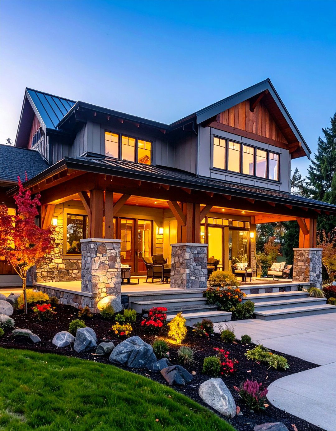 Mixed Material Metal Roof Porch with Stone and Wood Accents - 20 Metal Roof Porch Design Ideas