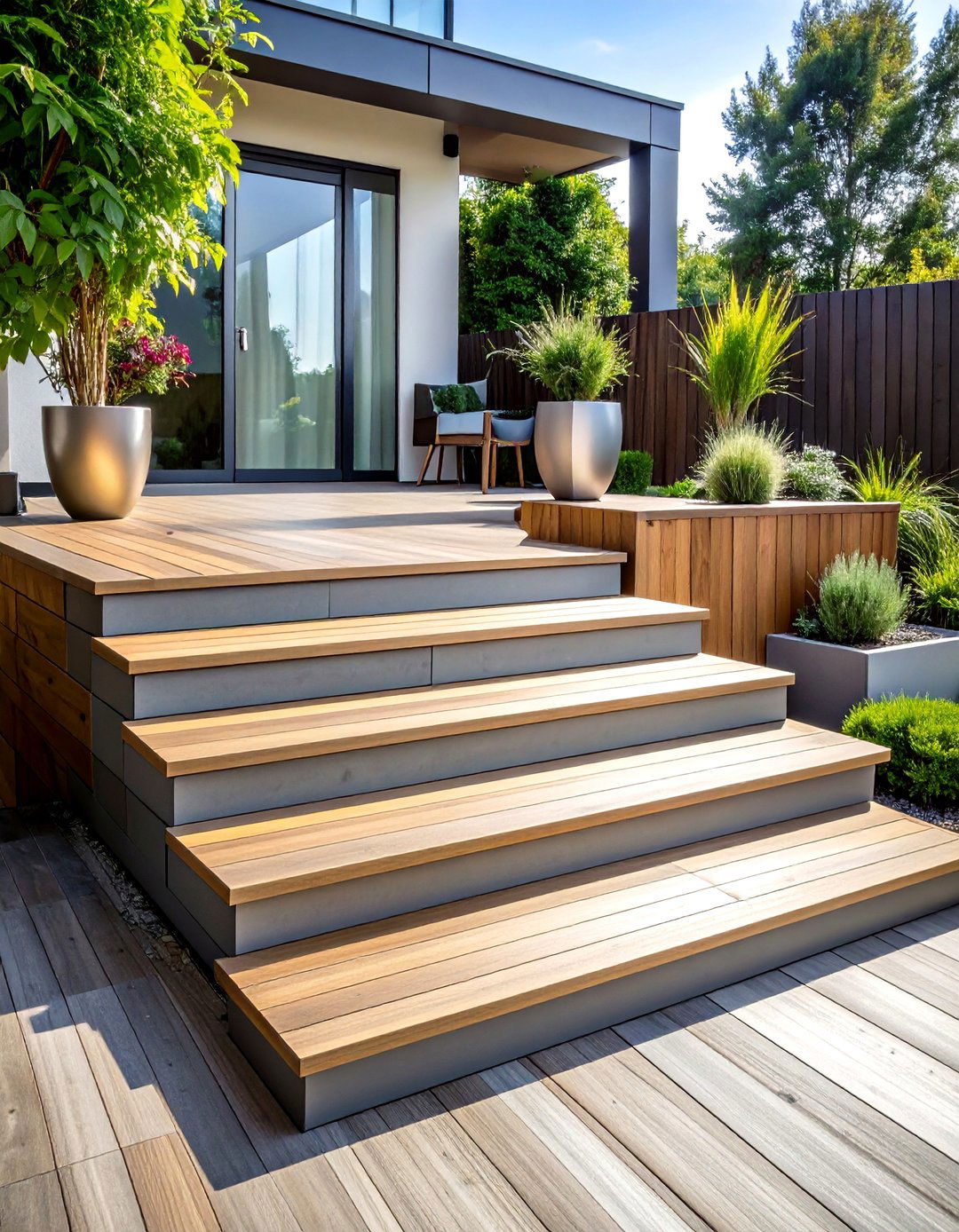 Mixed Material Patio Steps with Wood and Steel - 20 Patio Steps Ideas