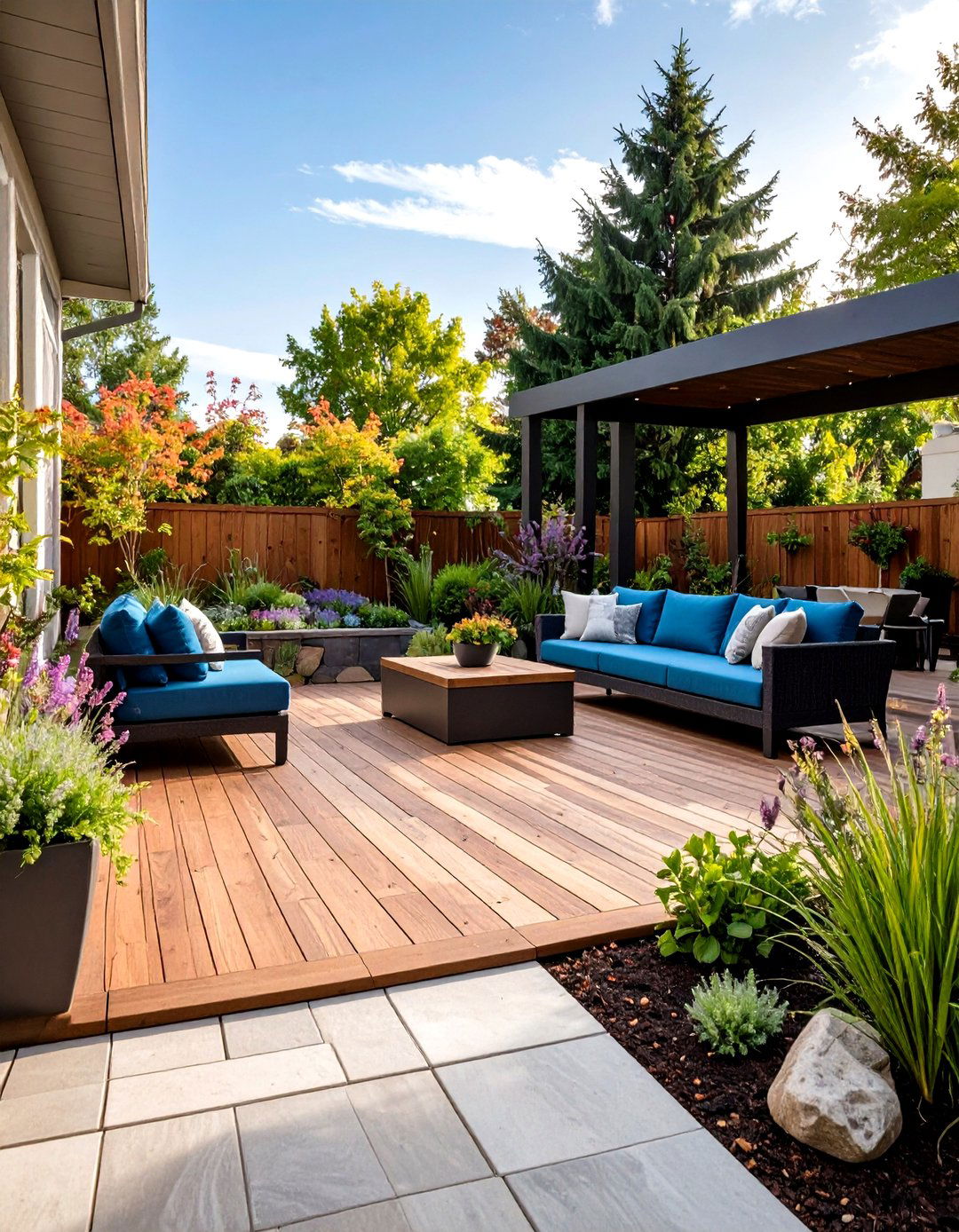 Mixed Material Patio Stone and Wood - 20 Stone Patio Ideas