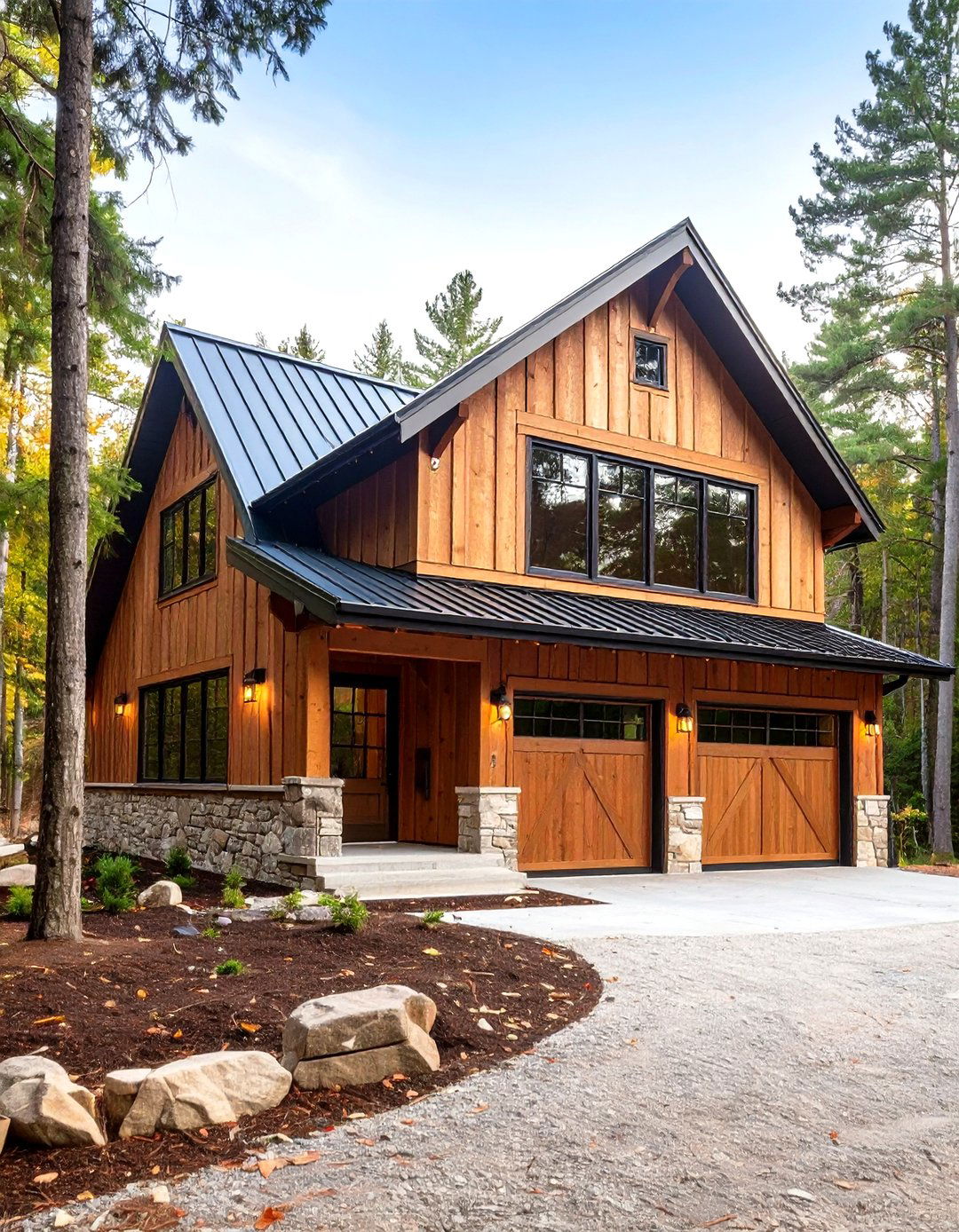 Mixed Material Pole Barn Exterior with Wood and Steel - 20 Pole Barn and Barndominium House Exteriors