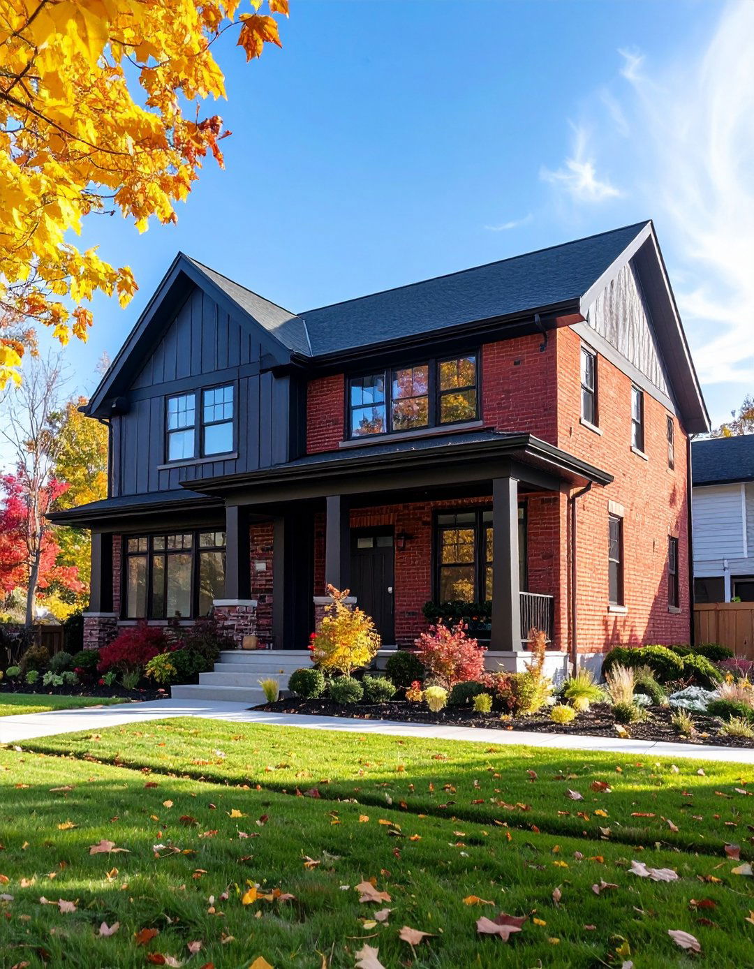 Mixed Material Red Brick House with Black Trim and Siding - 20 Red Brick House with Black Trim Design Ideas