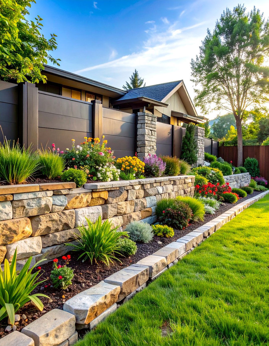 Mixed Material Retaining Wall Combination - 20 Retaining Wall Ideas for Sloped Backyard