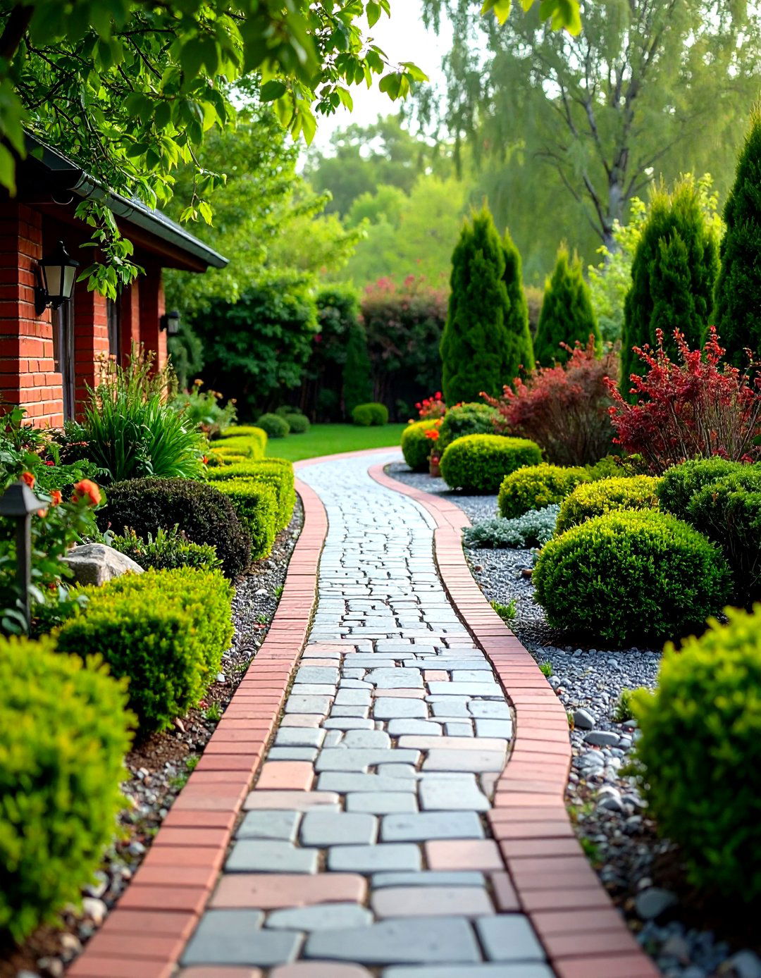 Mixed Material Rock Walkway with Brick Accent Elements - 20 Rock Walkway Ideas