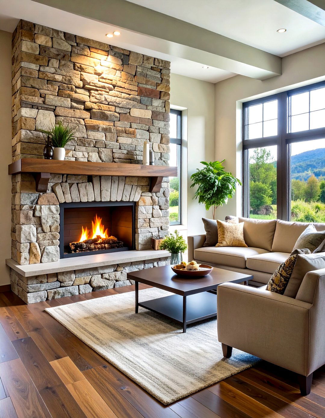Mixed Material Rustic Brick Fireplace with Natural Stone Accents - 20 Rustic Brick Fireplace Ideas