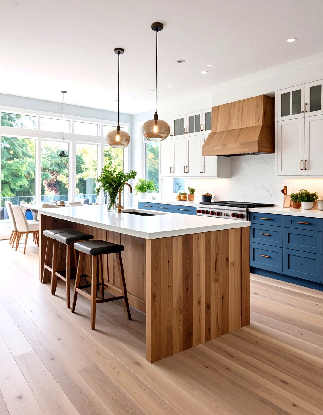 Mixed Material Waterfall Kitchen Island Combining Quartz and Wood - 20 Waterfall Kitchen Island Ideas