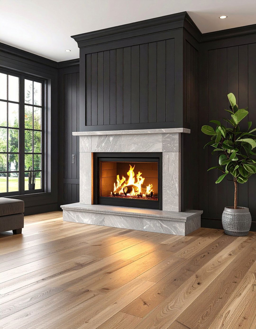 Mixed Material Wrap Around a Black Shiplap Fireplace - 20 Black Shiplap Fireplace Ideas