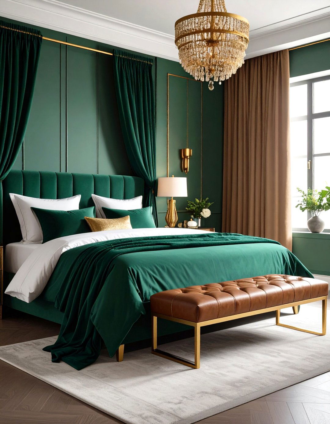 Mixed Materials Green Linen Leather and Gold Metal - 20 Emerald Green and Gold Bedroom Ideas