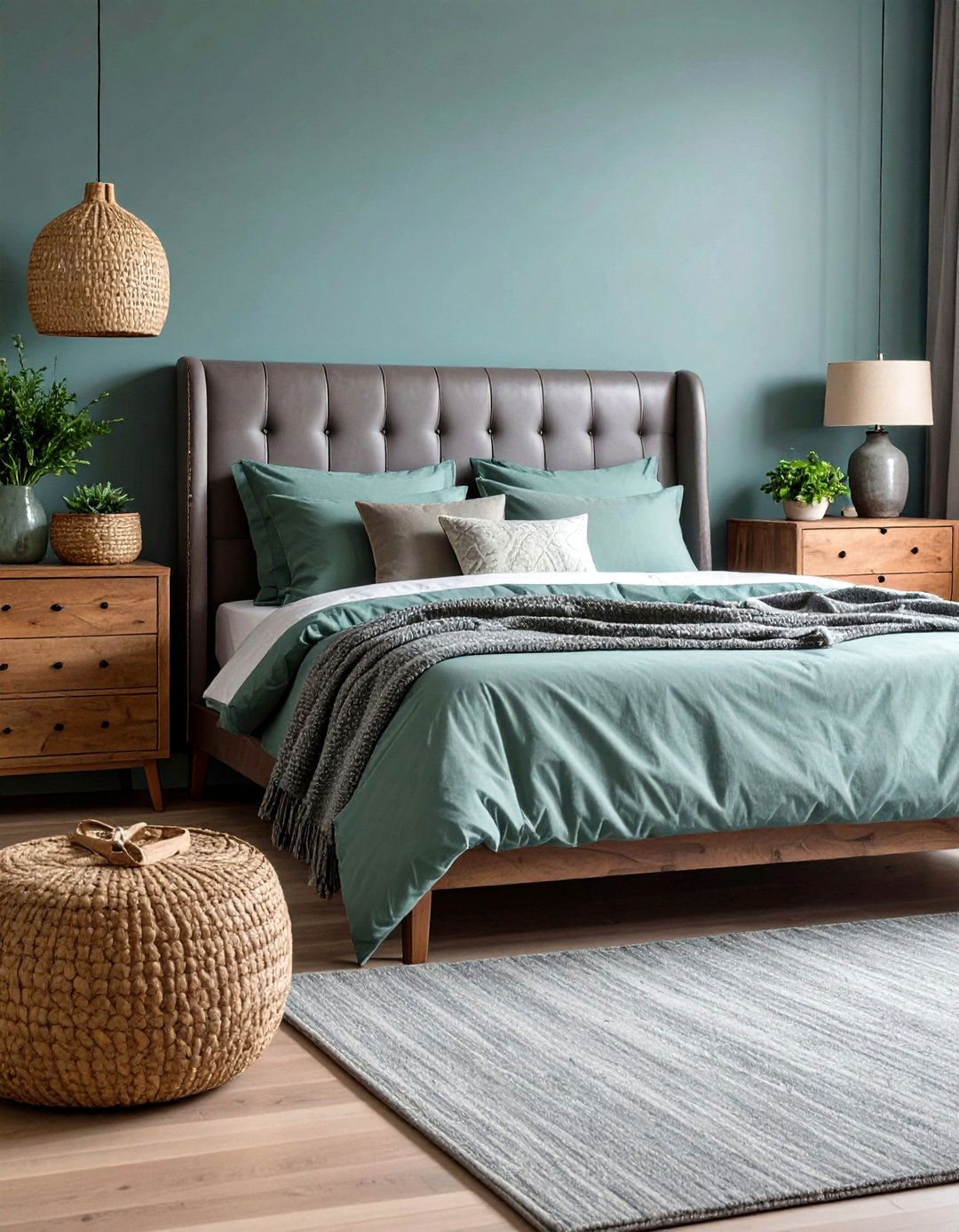 Mixed Materials Linen Leather and Wood - 20 Sage Green and Grey Bedroom Ideas