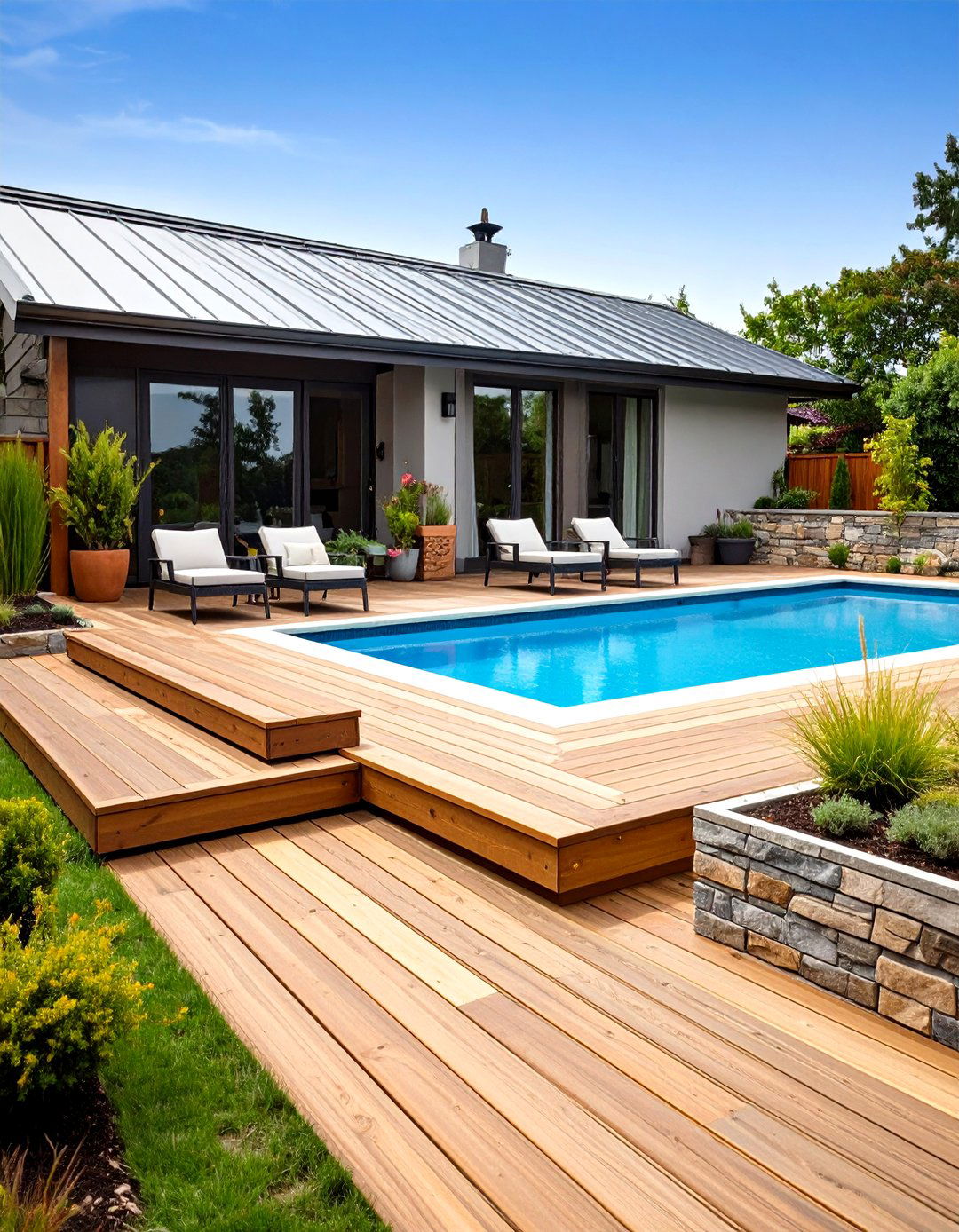 Mixed Materials Pool Deck with Contrasting Textures - 20 Pool Deck Ideas