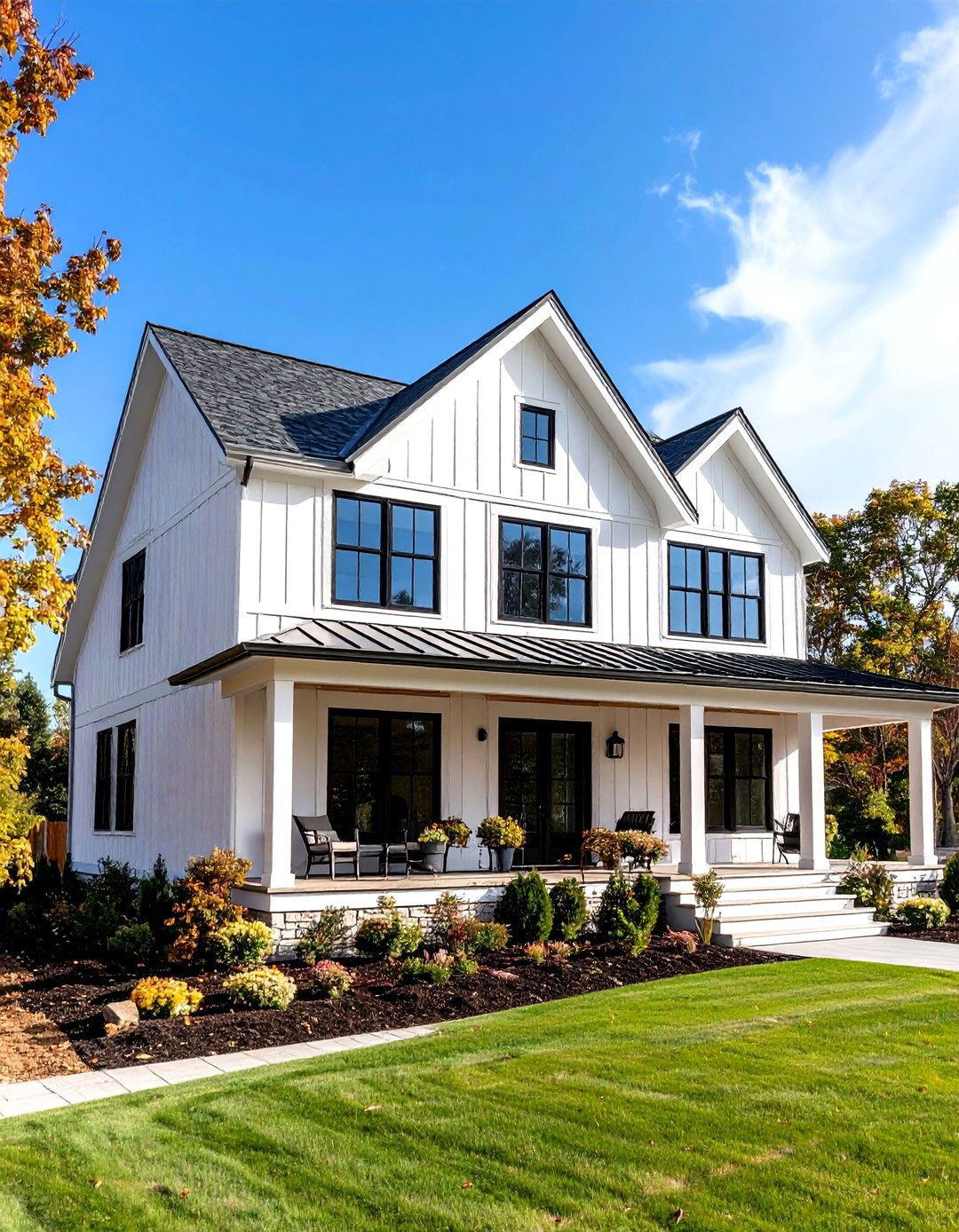 Mixed Materials White Farmhouse With Black Windows Concept - 20 White Farmhouse With Black Windows Ideas