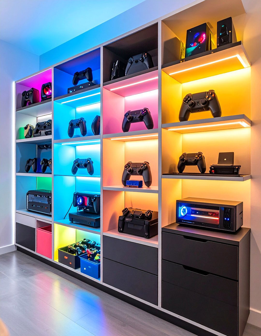 Mixed Media Storage Keeps Game Room Organized - 20 Game Room Ideas