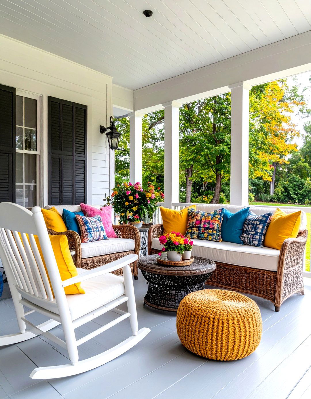 Mixed Seating Clusters Create Conversation on the Farmhouse Porch - 20 Farmhouse Porch Ideas