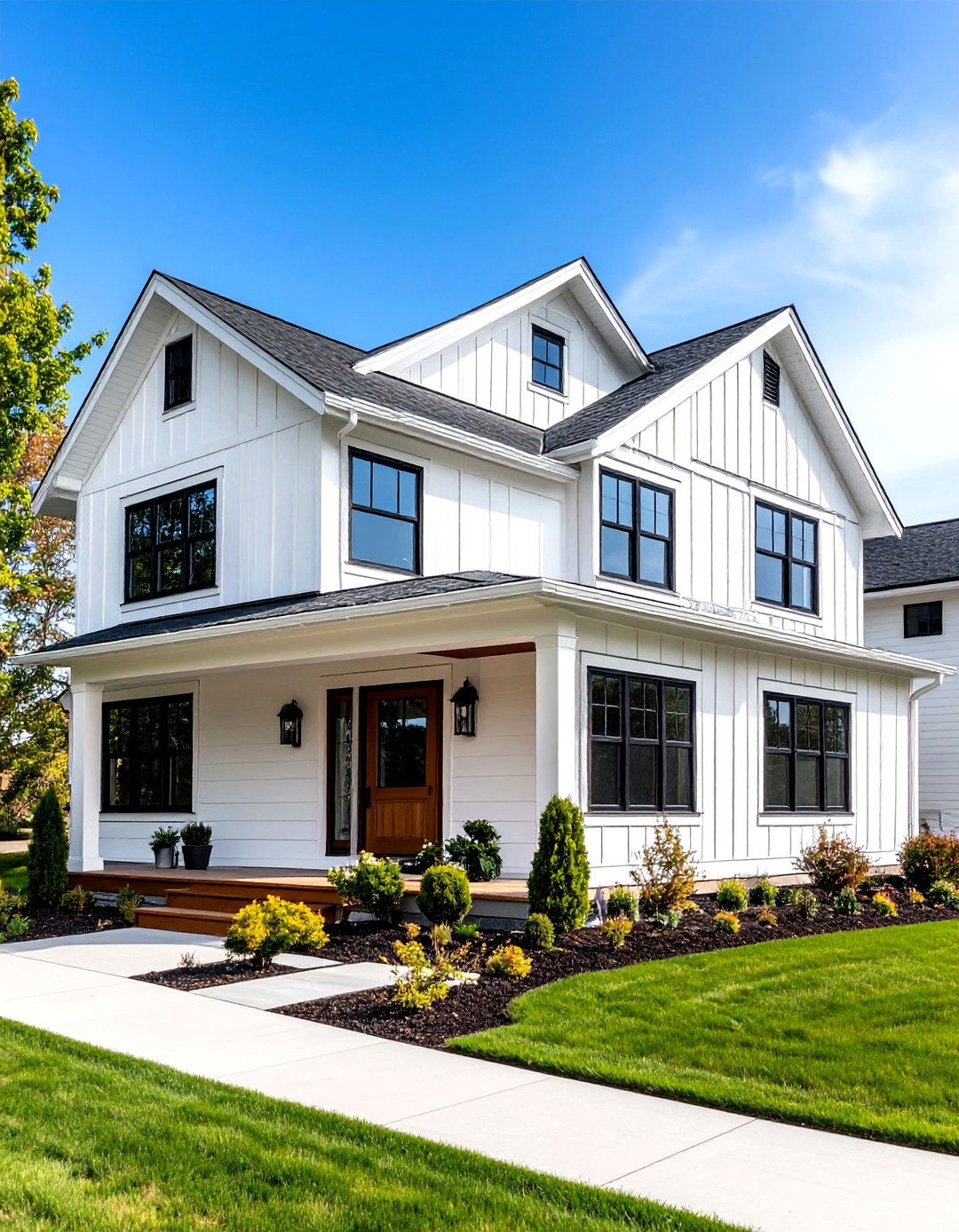 Mixed Siding Texture White Farmhouse With Black Windows Concept - 20 White Farmhouse With Black Windows Ideas