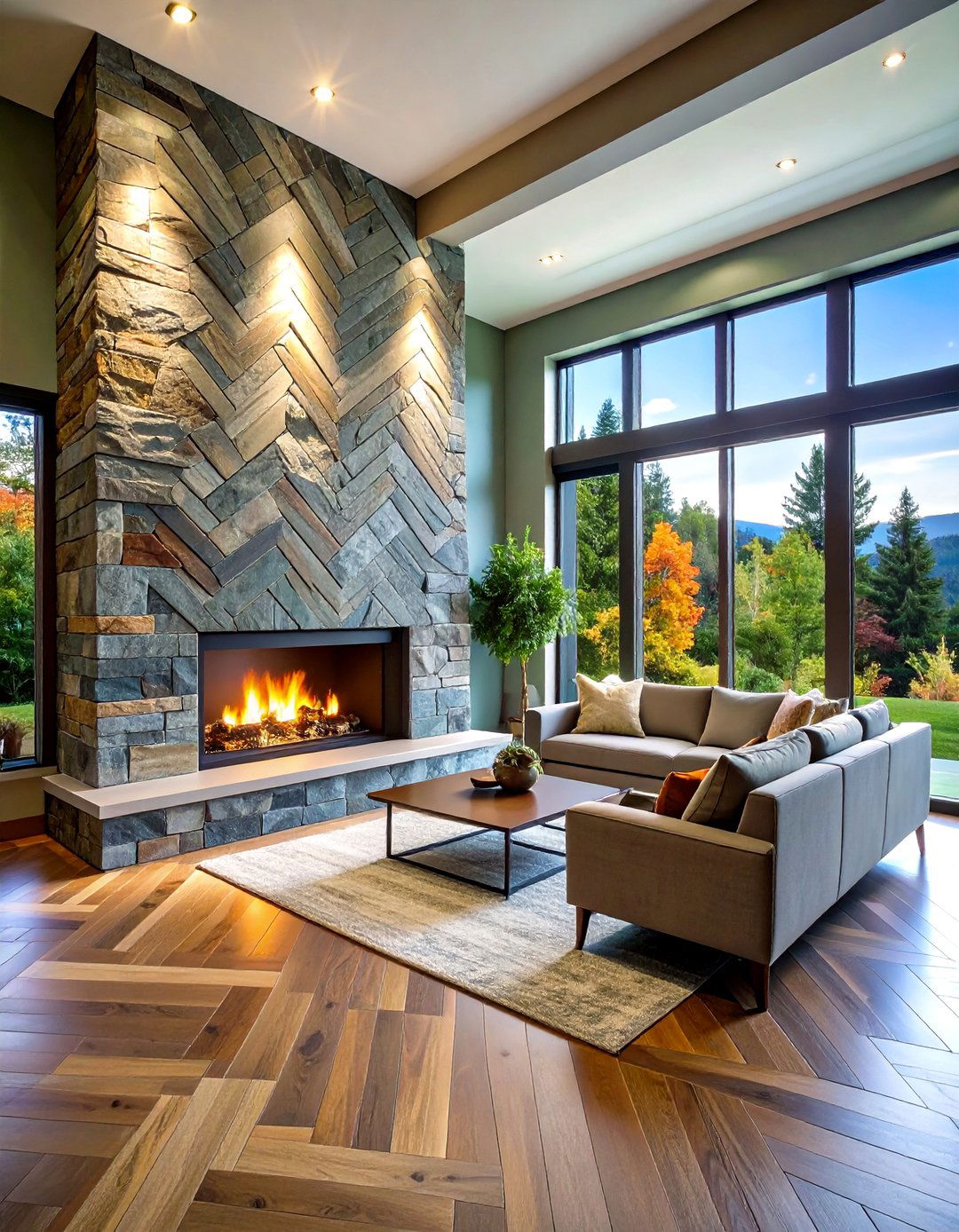 Mixed Slate Herringbone Pattern - 20 Floor-to-Ceiling Stone Fireplace Ideas