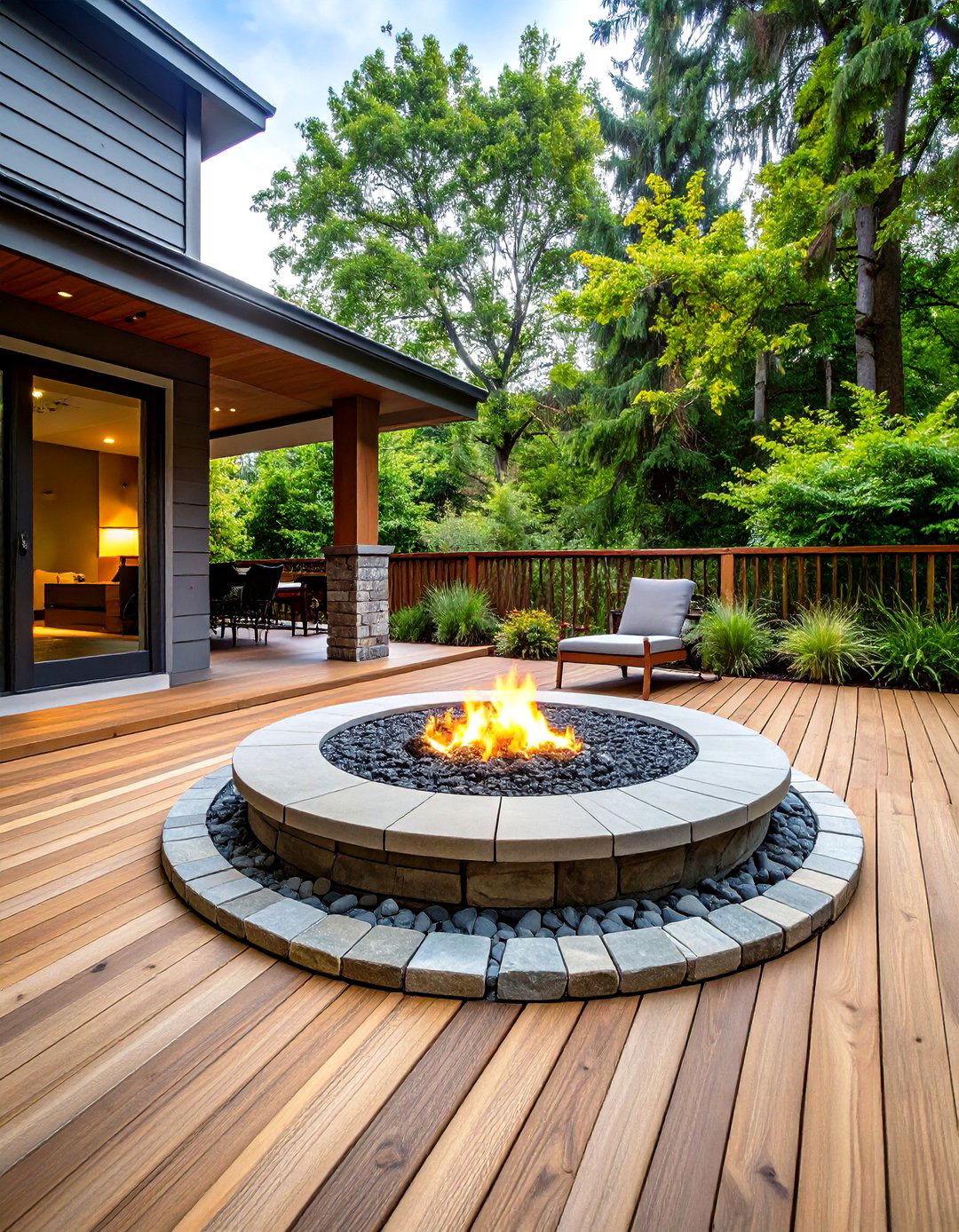 Mixed Stone and Wood Platform - 20 Stone Patio With a Fire Pit Ideas