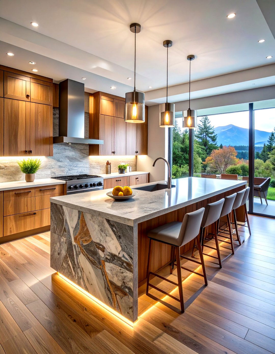 Mixed Texture Waterfall Kitchen Island with Fluted Wood and Stone - 20 Waterfall Kitchen Island Ideas