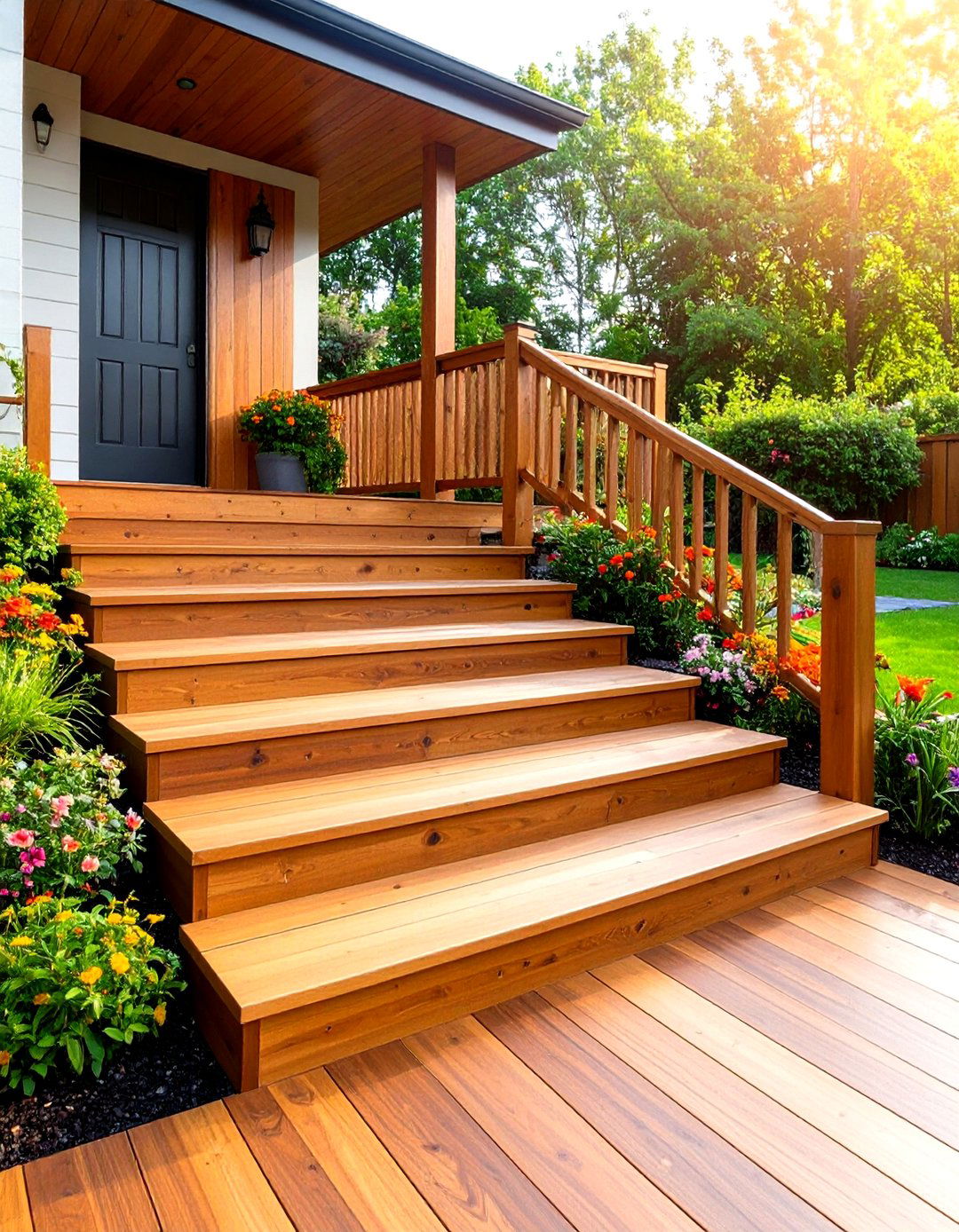 Mixed Width Plank Pattern Deck Steps for Visual Interest - 20 Deck Steps Ideas