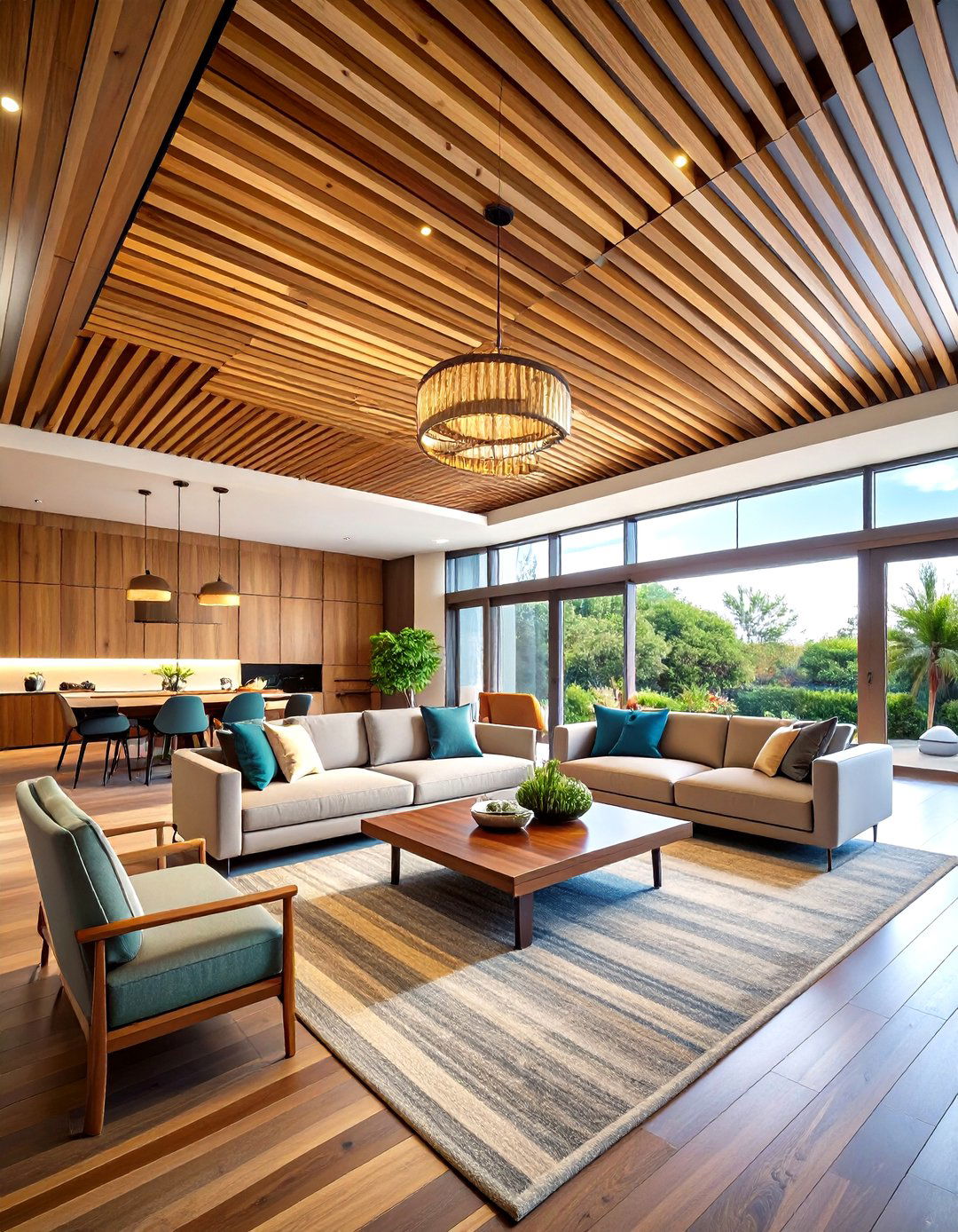 Mixed Wood Species Slat Ceiling for Dynamic Contrast - 20 Wood Slat Ceiling Ideas