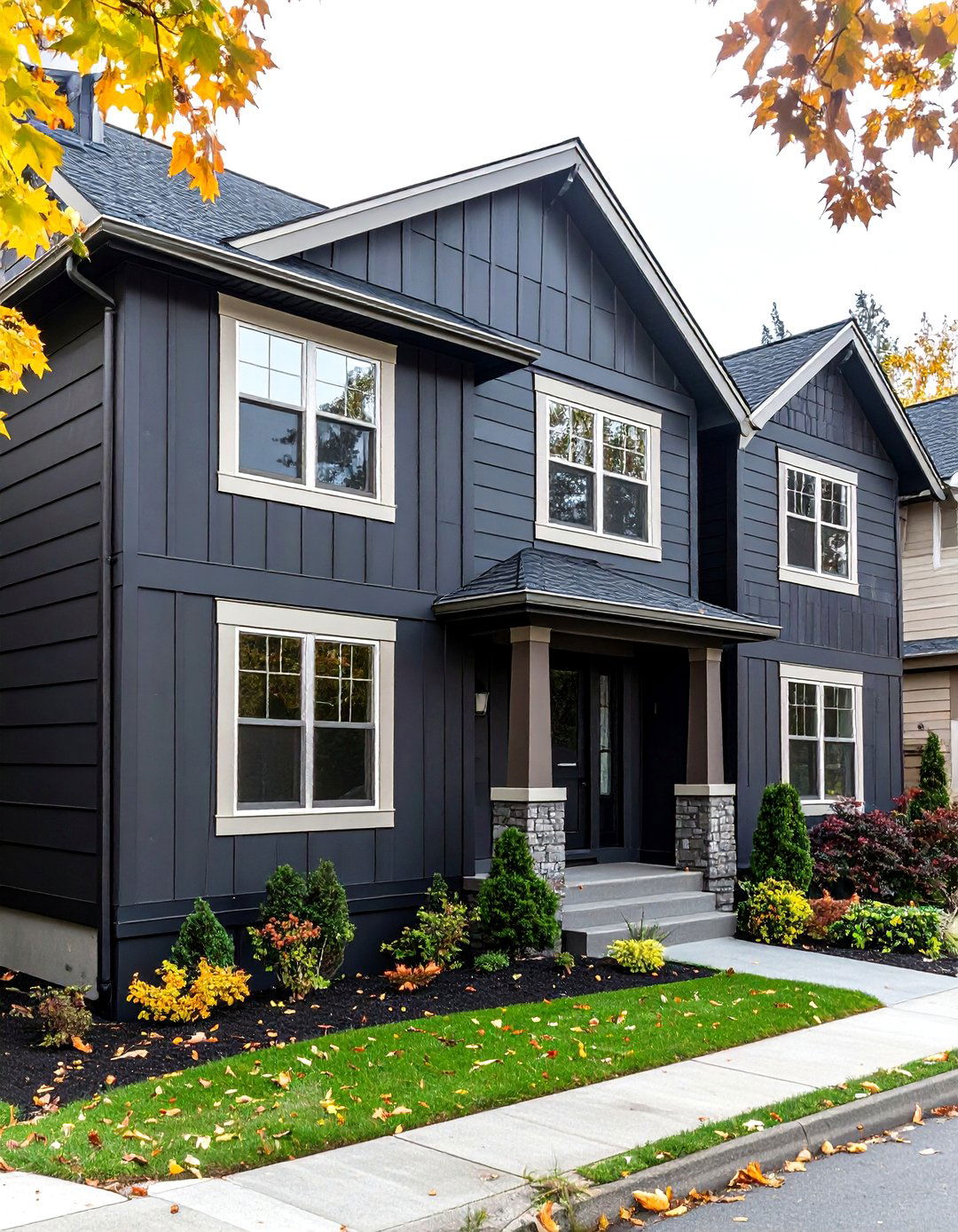 Mixing Black Stucco with Board and Batten Siding - 20 Black Stucco House Ideas