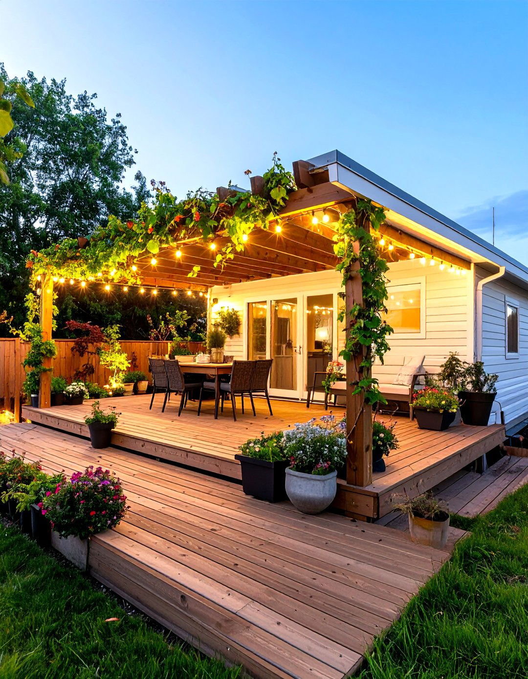 Mobile Home Deck with Pergola and Climbing Plants - 20 Mobile Home Deck Ideas