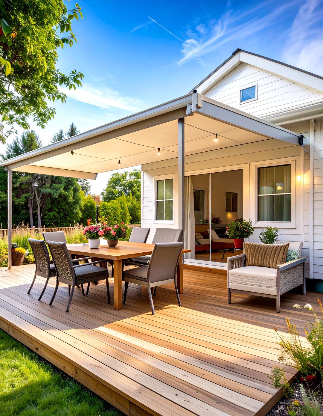 Mobile Home Deck with Retractable Awning System - 20 Mobile Home Deck Ideas