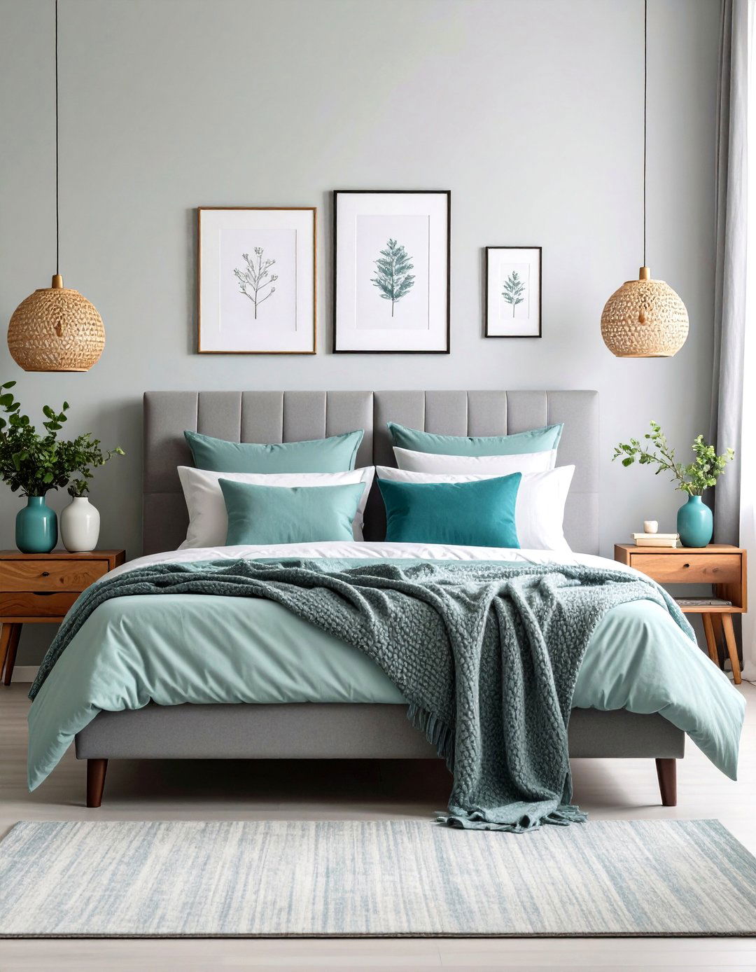 Modern Art Abstract Teal and Grey Canvas Above Bed - 20 Teal and Grey Bedroom Ideas