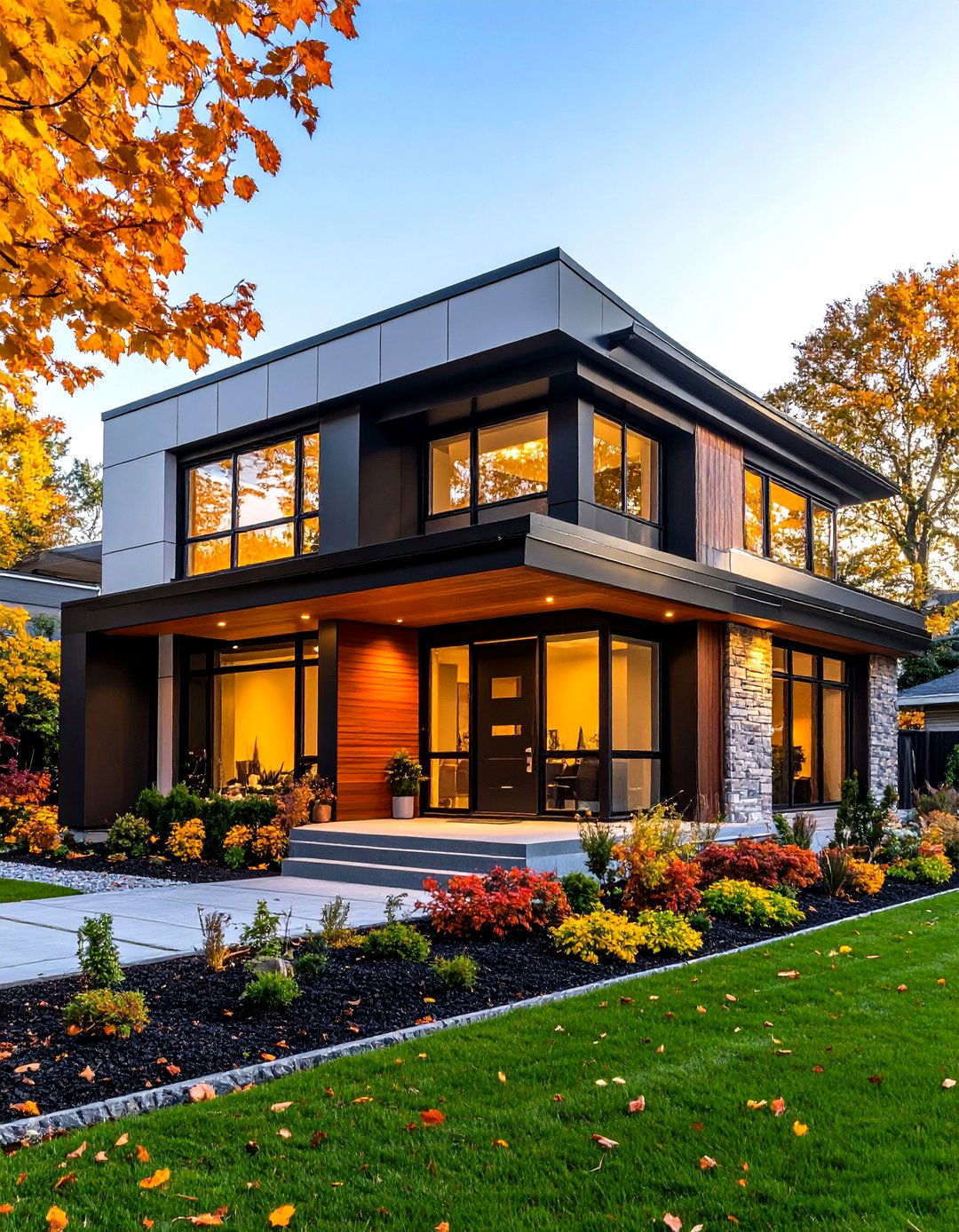 Modern Black Framed Windows on Clay - 20 Home Designs Using Natural Clay Siding Colors