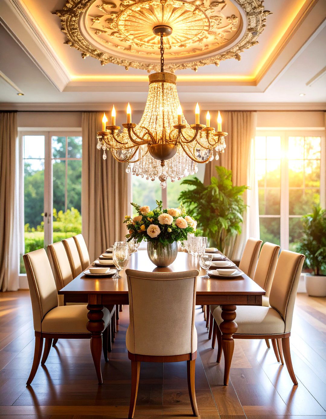 Modern Ceiling Medallion Frames a Statement Fixture - 20 Dining Room Ceiling Ideas