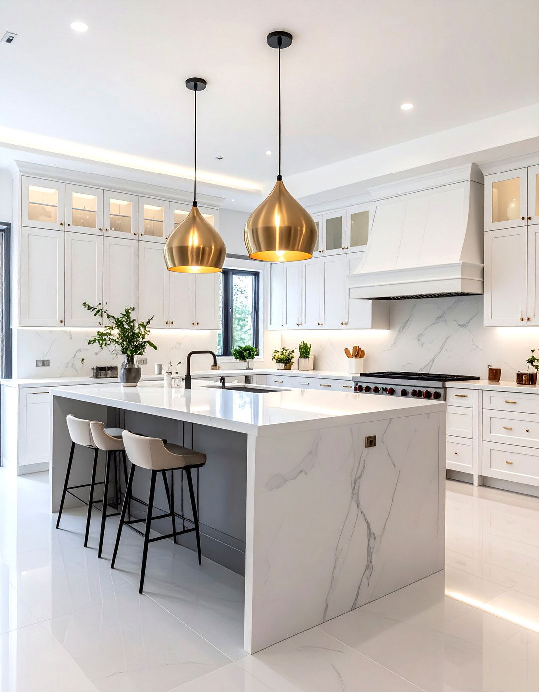 Modern Classic White Kitchen Cabinets with Grey Island and Statement Lighting - 20 White Kitchen Cabinets With Grey Island Ideas