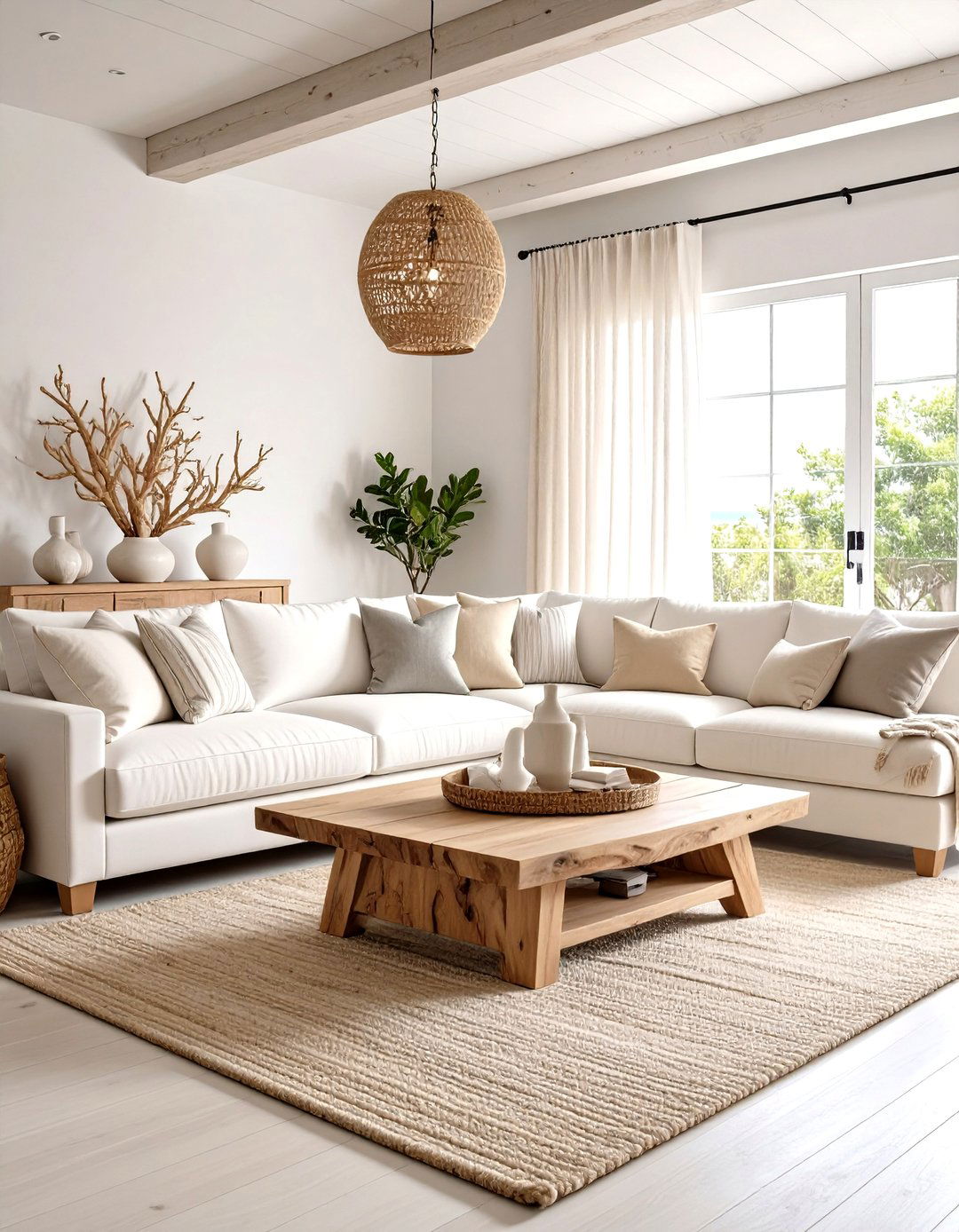 Modern Coastal White Living Room with Driftwood Details - 20 White Living Room Ideas
