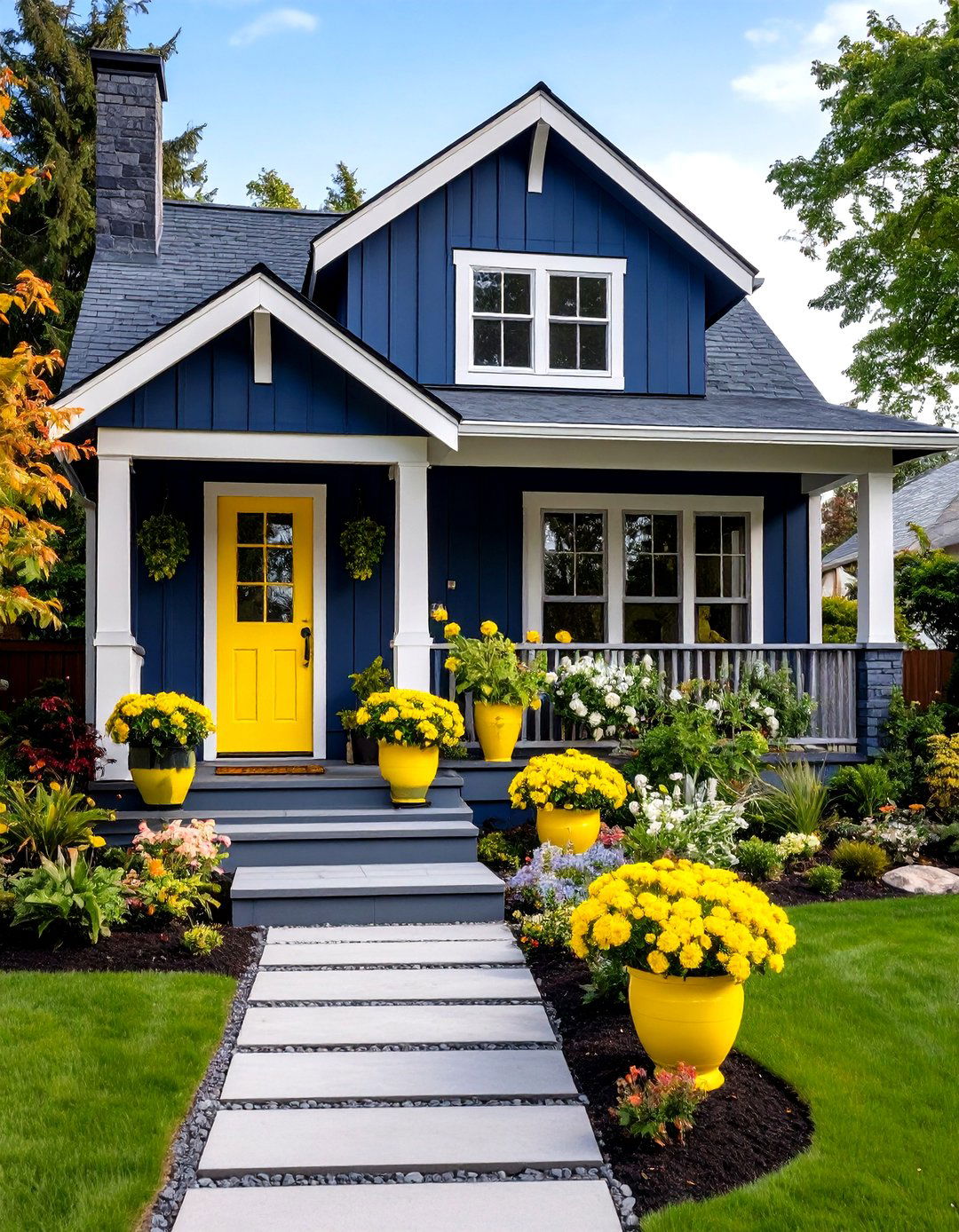 Modern Cottage House Exterior Navy Siding and Vibrant Yellow Door - 20 modern cottage house exterior ideas