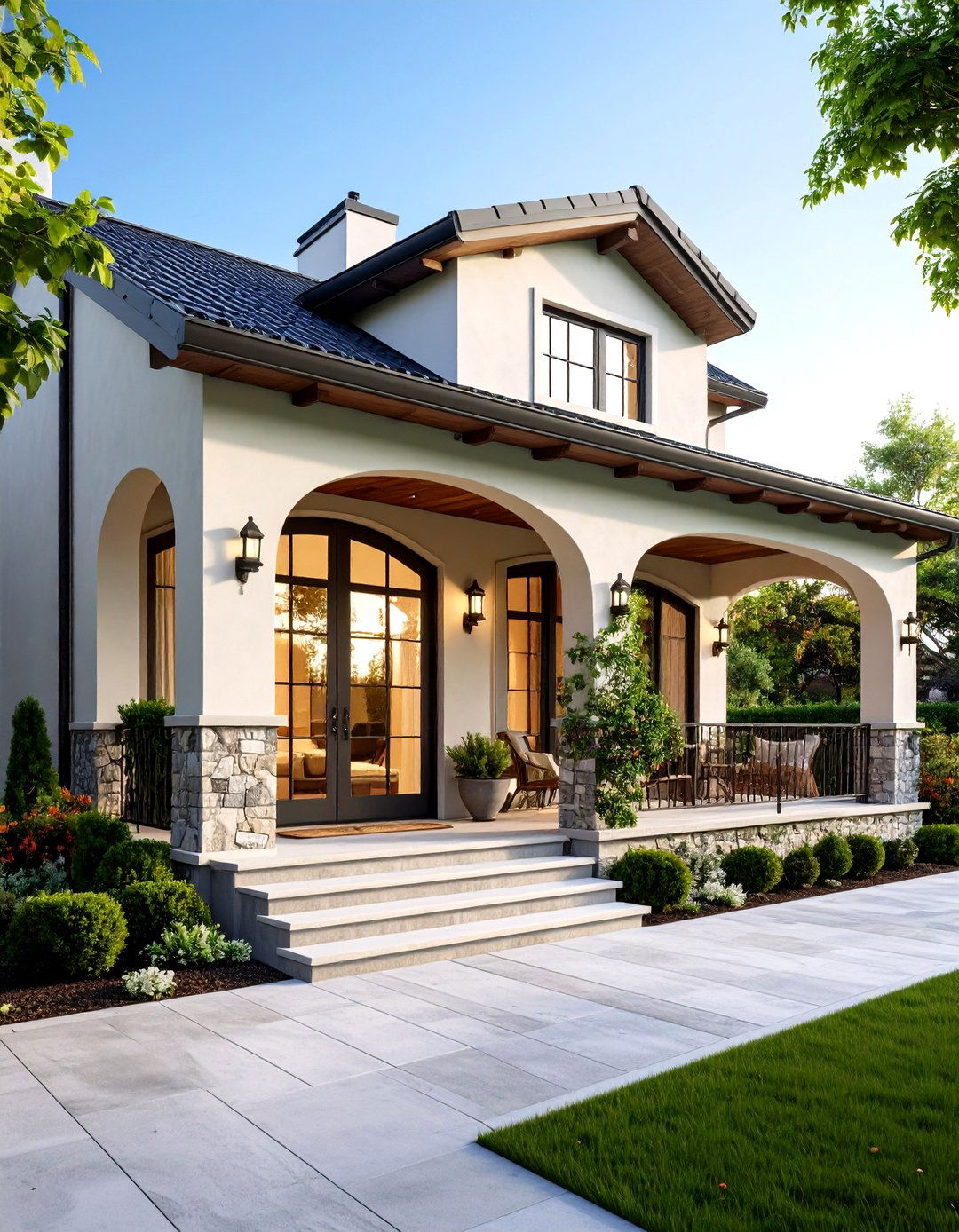 Modern Cottage House Exterior Pastel Stucco with Arched Windows - 20 modern cottage house exterior ideas