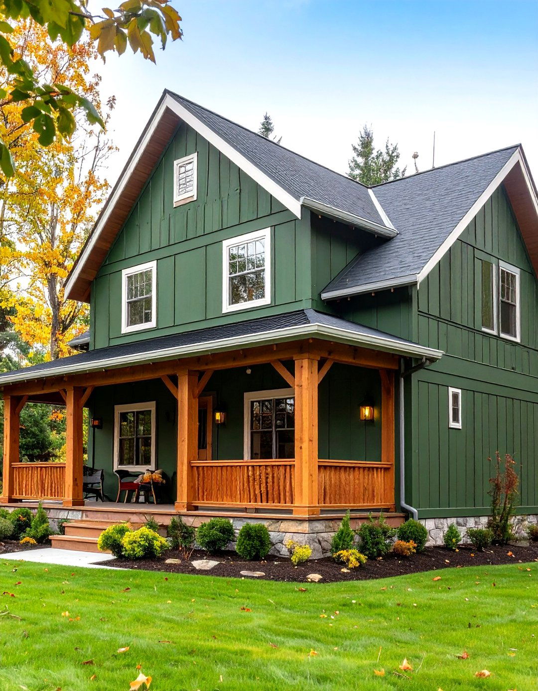 Modern Farmhouse Dark Olive Green House with Board and Batten - 20 Dark Olive Green House Designs