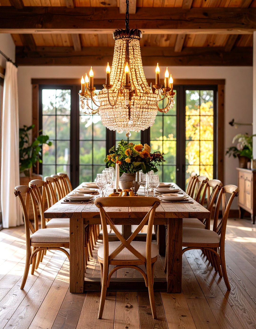 Modern Farmhouse Dining Room with Vintage Chandelier Centerpiece - 20 Modern Farmhouse Dining Room Ideas