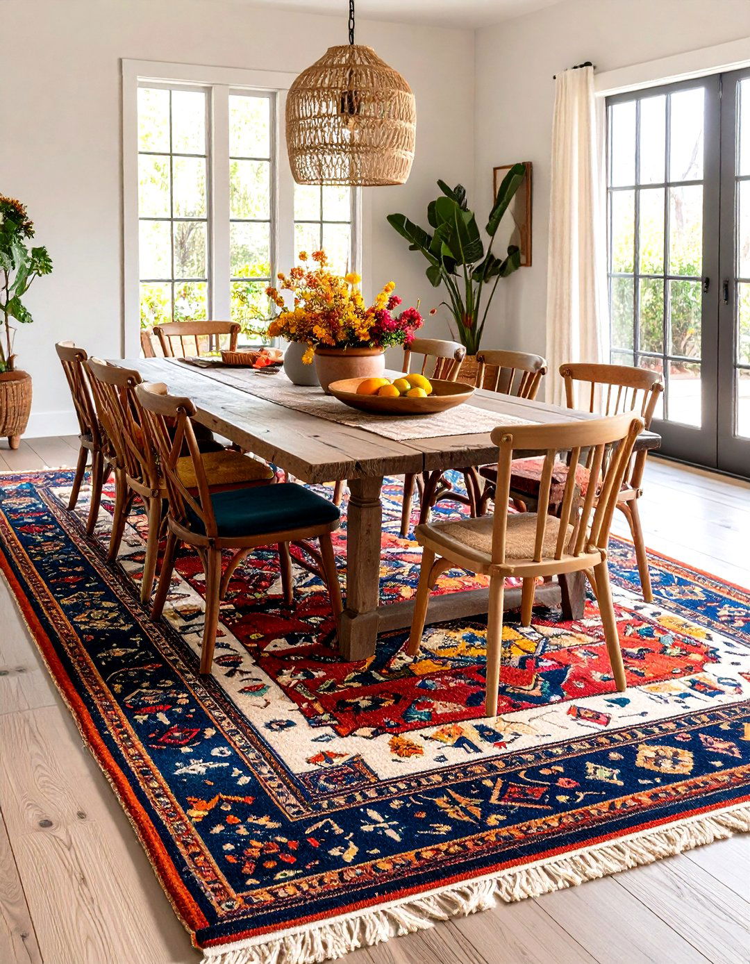 Modern Farmhouse Dining Room with Vintage Rug Anchoring - 20 Modern Farmhouse Dining Room Ideas