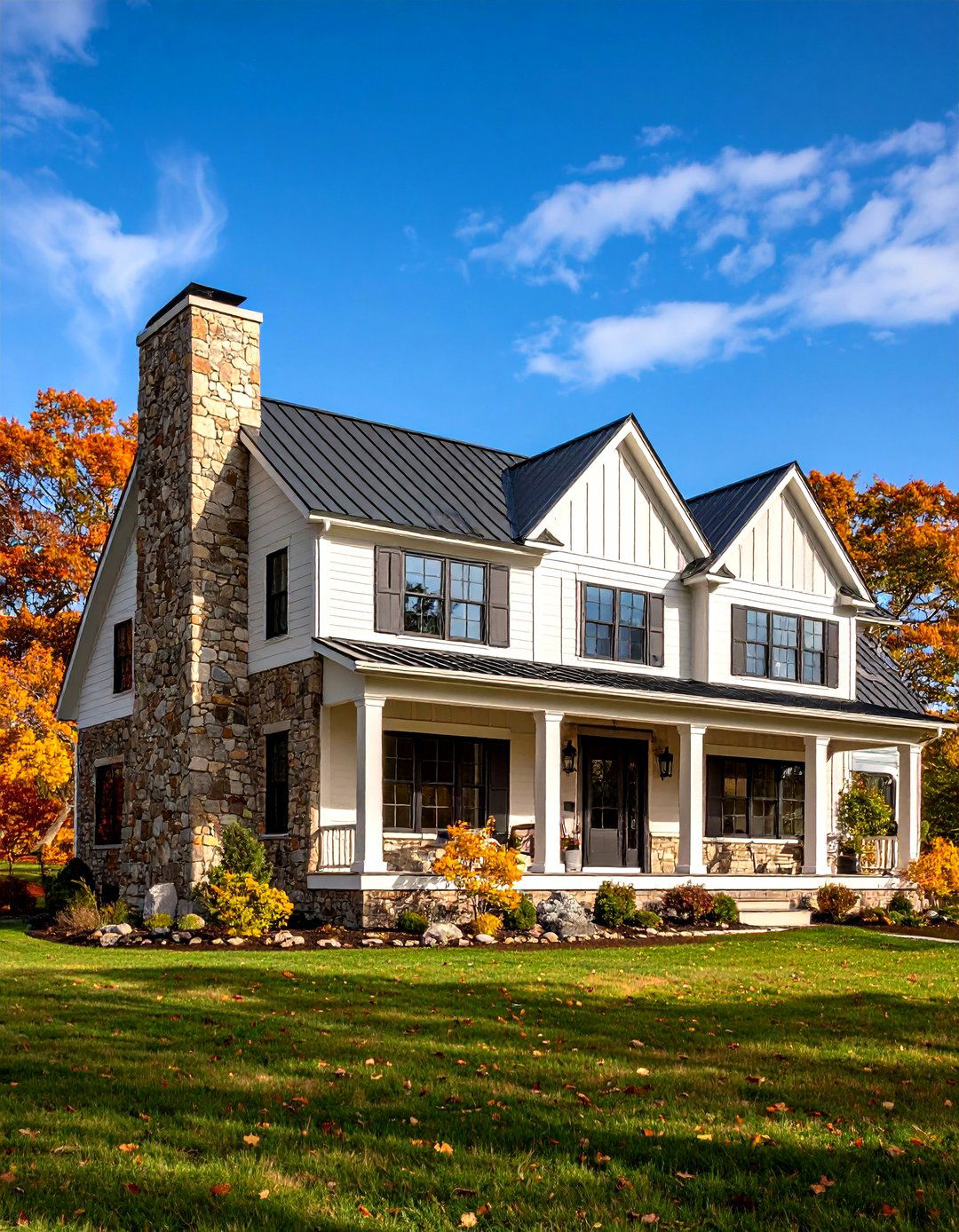 Modern Farmhouse Exterior with Board and Batten and Stone Chimney - 20 Modern Farmhouse Exterior