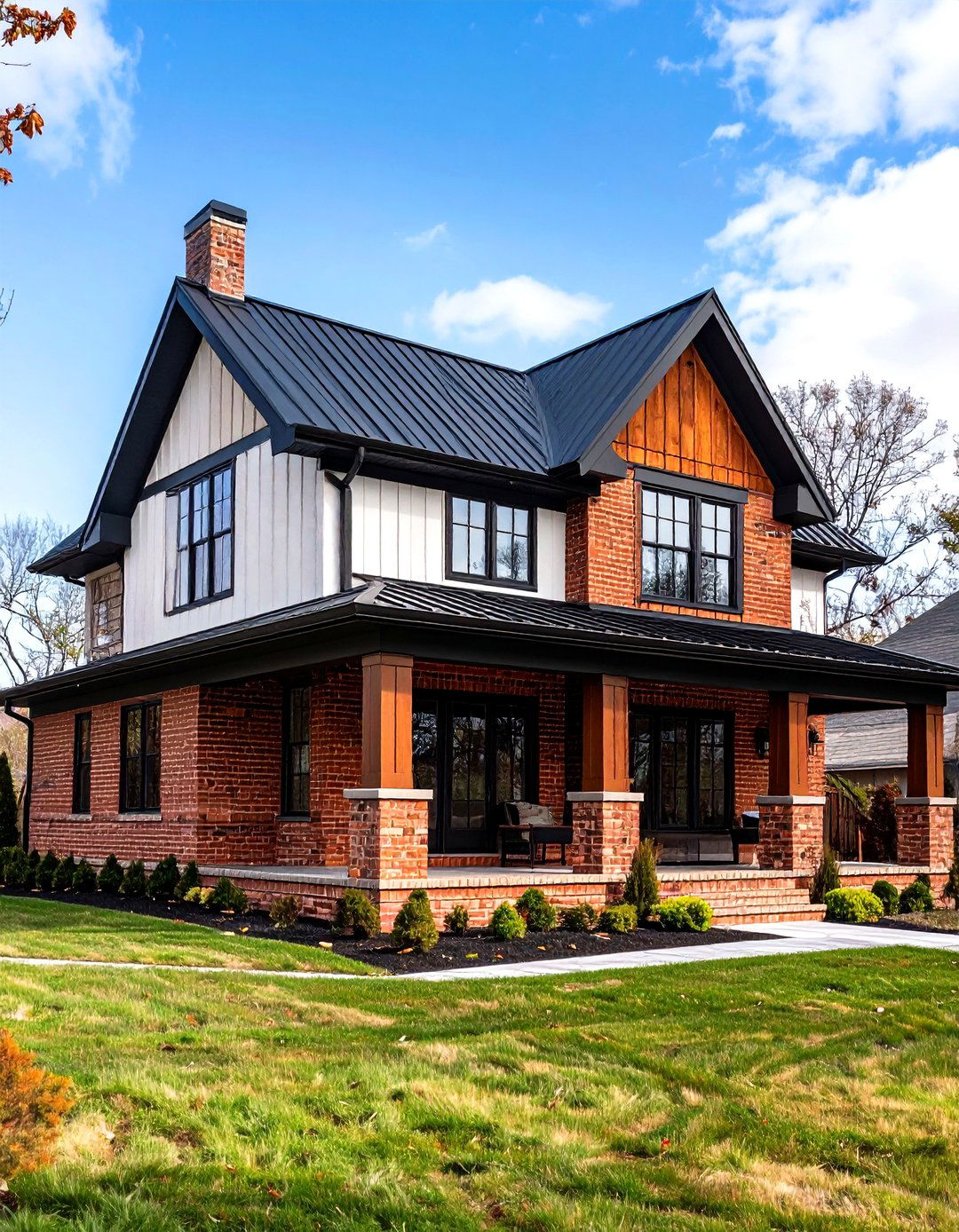 Modern Farmhouse Exterior with Vertical Board and Batten and Brick Base - 20 Modern Farmhouse Exterior