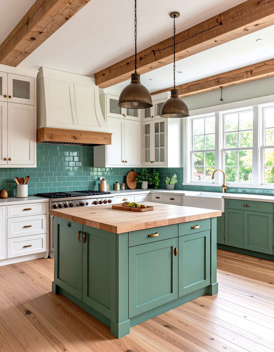 Modern Farmhouse Kitchen With Green Backsplash and Shaker Cabinets - 20 Kitchen With Green Backsplash Ideas