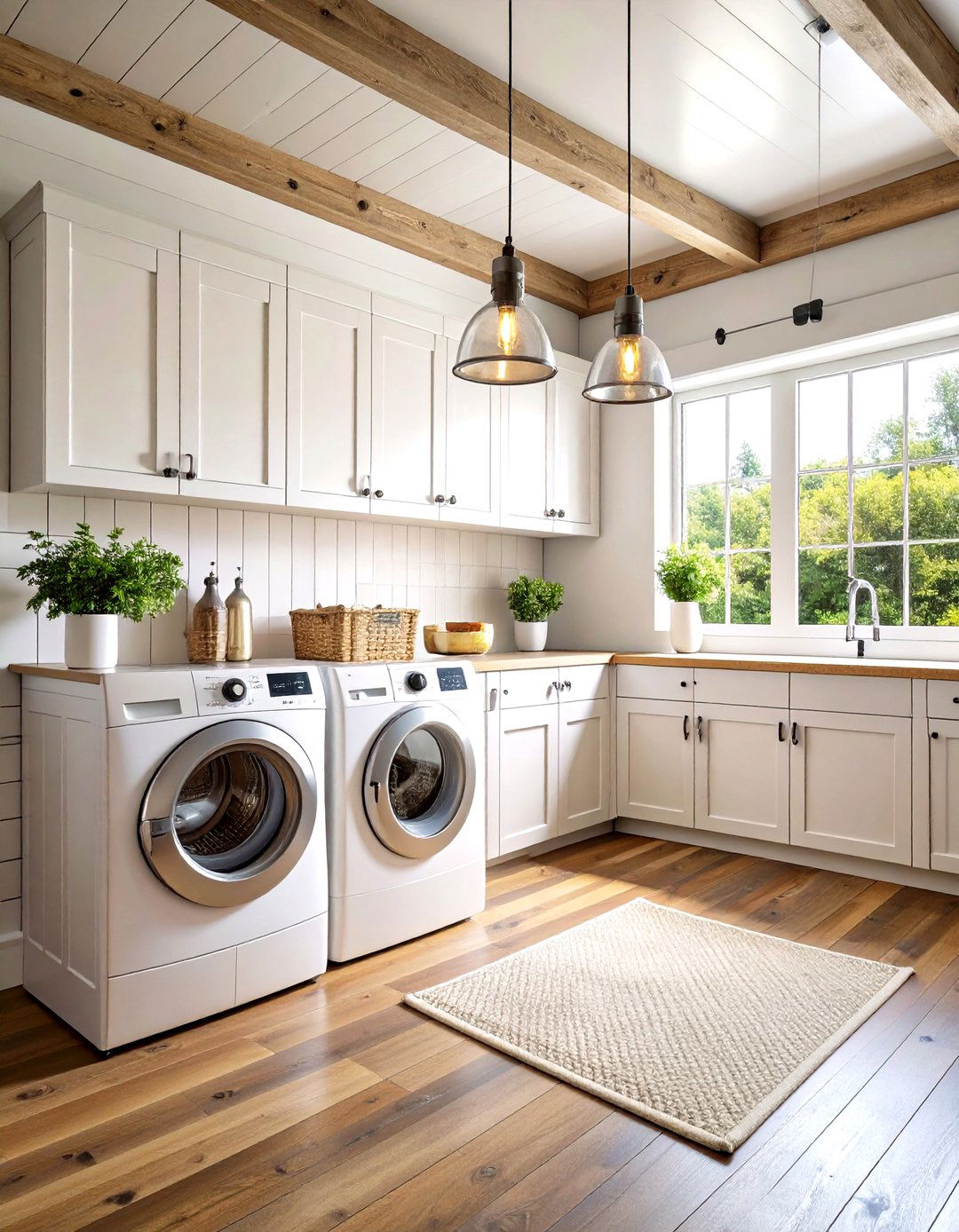 Modern Farmhouse Laundry Room Lighting with Galvanized Fixtures - 20 Laundry Room Lighting Ideas