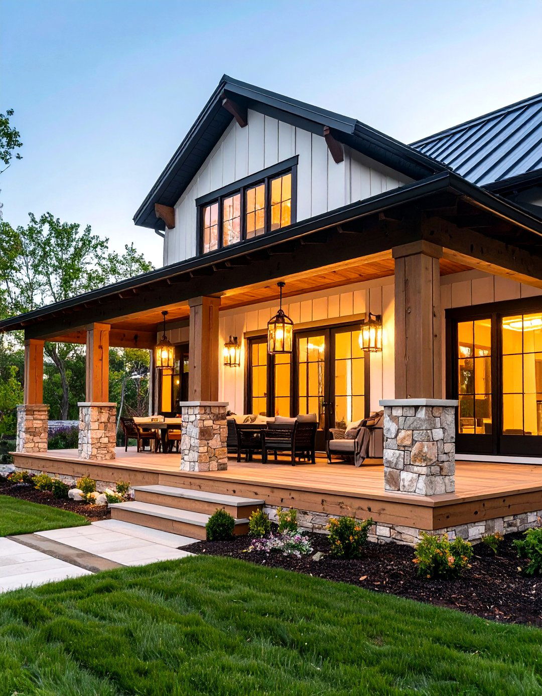 Modern Farmhouse Open Gable Porch with Mixed Materials - 20 Open Gable Porch Ideas