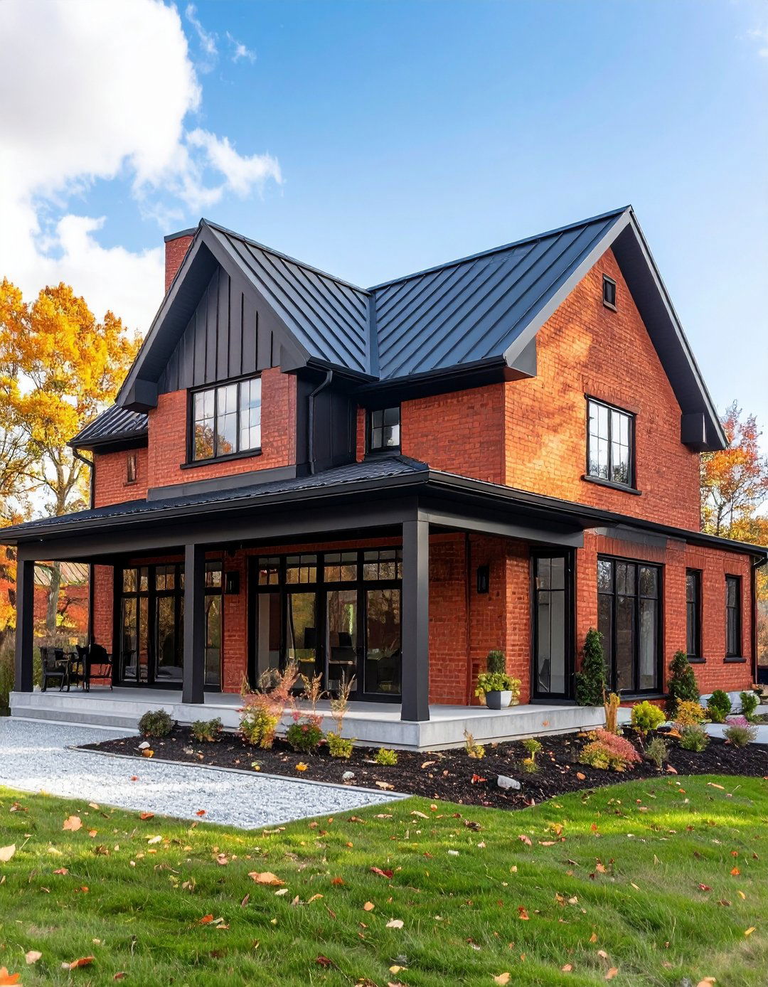 Modern Farmhouse Red Brick House with Black Metal Accents - 20 Red Brick House with Black Trim Design Ideas