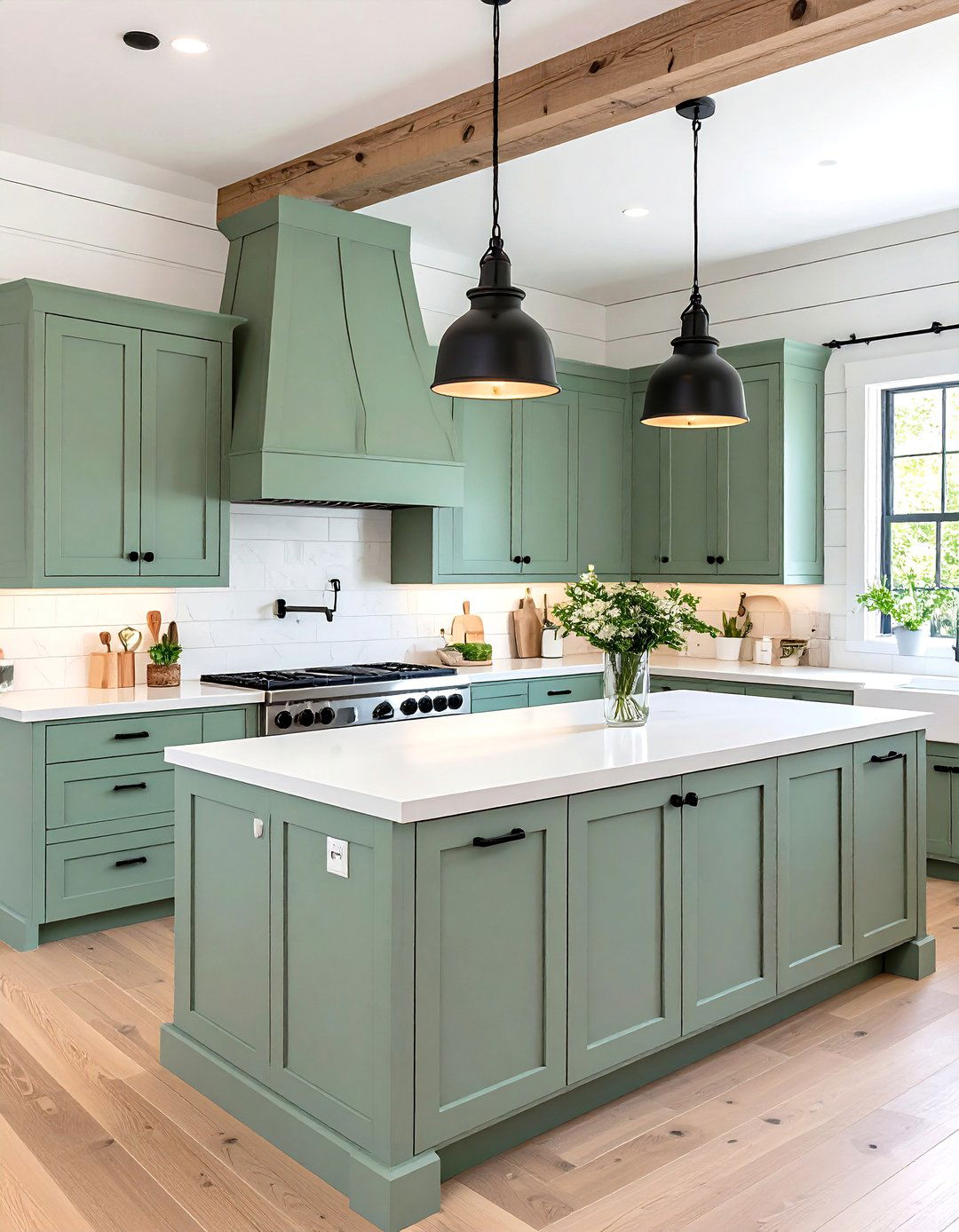 Modern Farmhouse Sage Green Cabinets with White Oak Butcher Block Clean Design - 20 Sage Green Kitchen Cabinets With Butcher Block Countertops