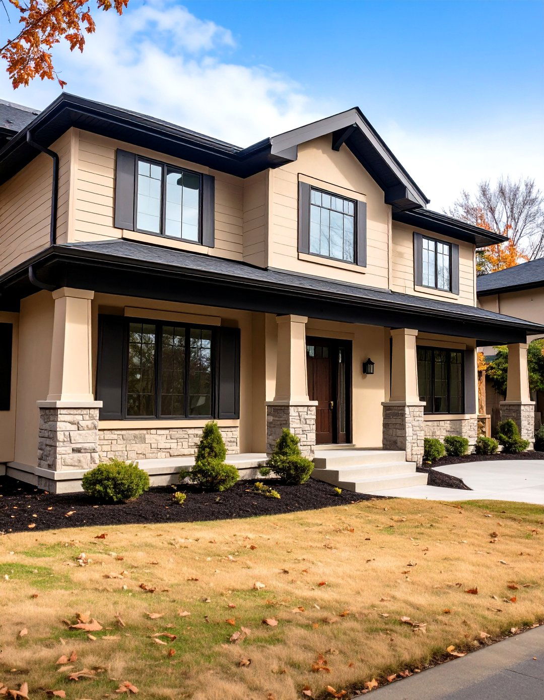 Modern Farmhouse Tan Siding with Black Windows - 20 Tan House With Black Trim Design Ideas