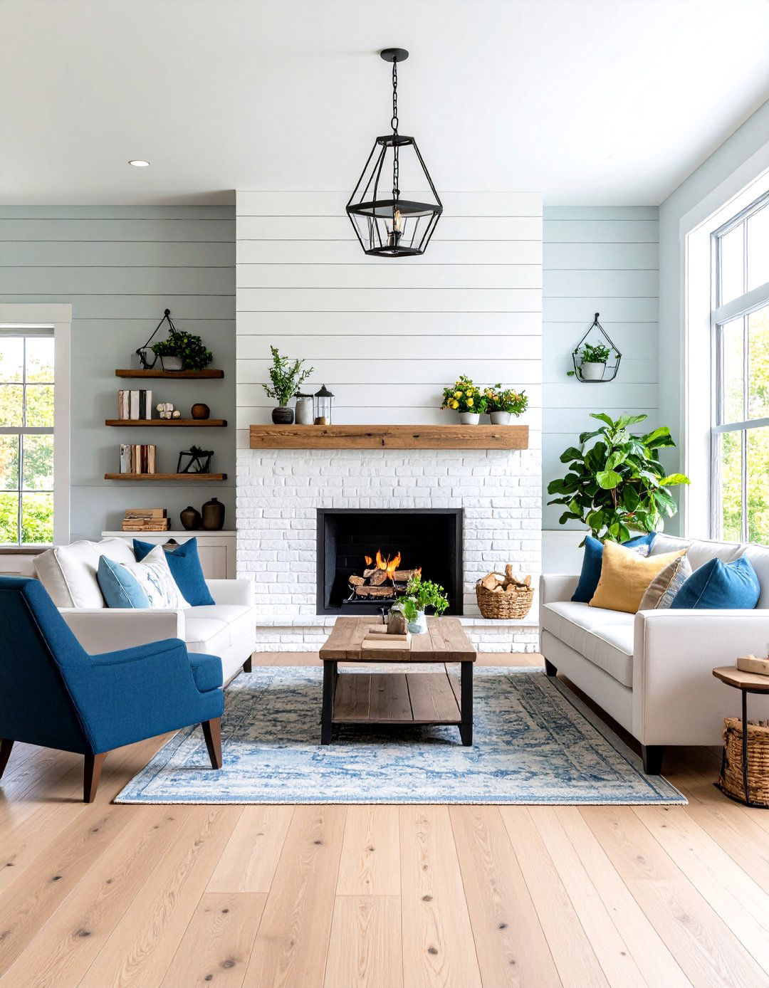 Modern Farmhouse White Brick Fireplace with Shiplap Accent - 20 White Brick Fireplace Ideas