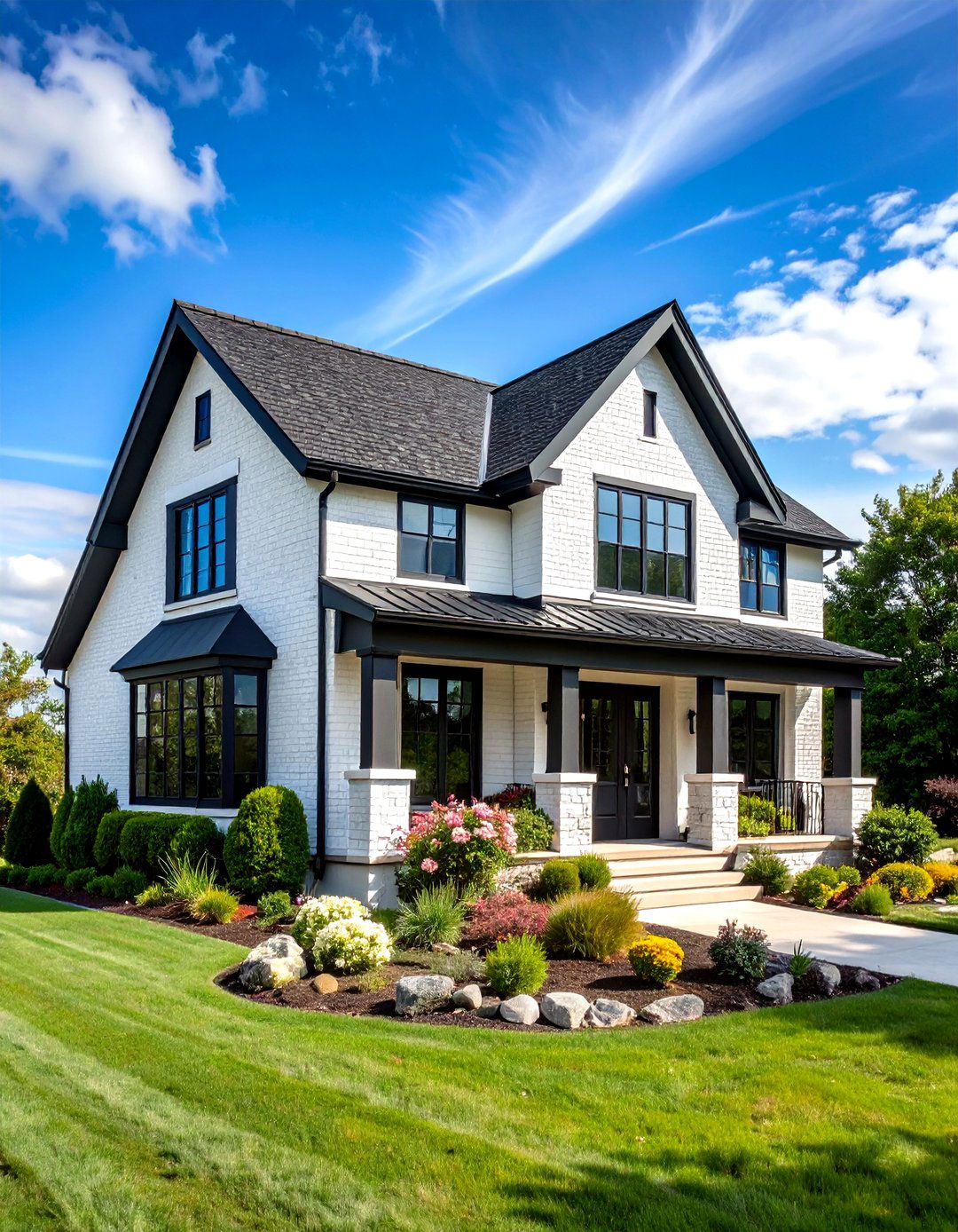 Modern Farmhouse White Brick House With Black Trim and Board and Batten - 20 White Brick House With Black Trim